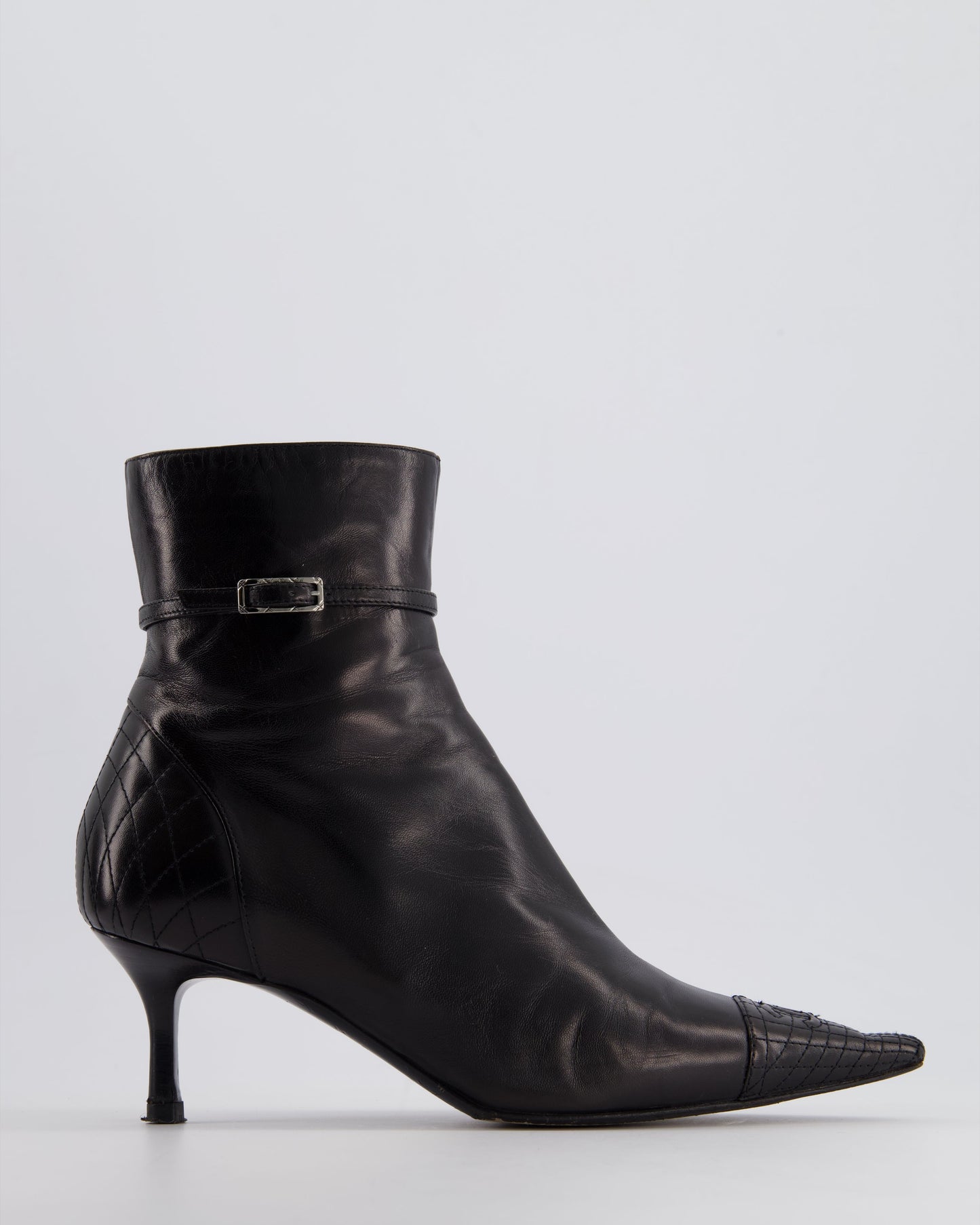 Chanel Black Leather Pointed Toe Ankle Boots Size EU 36
