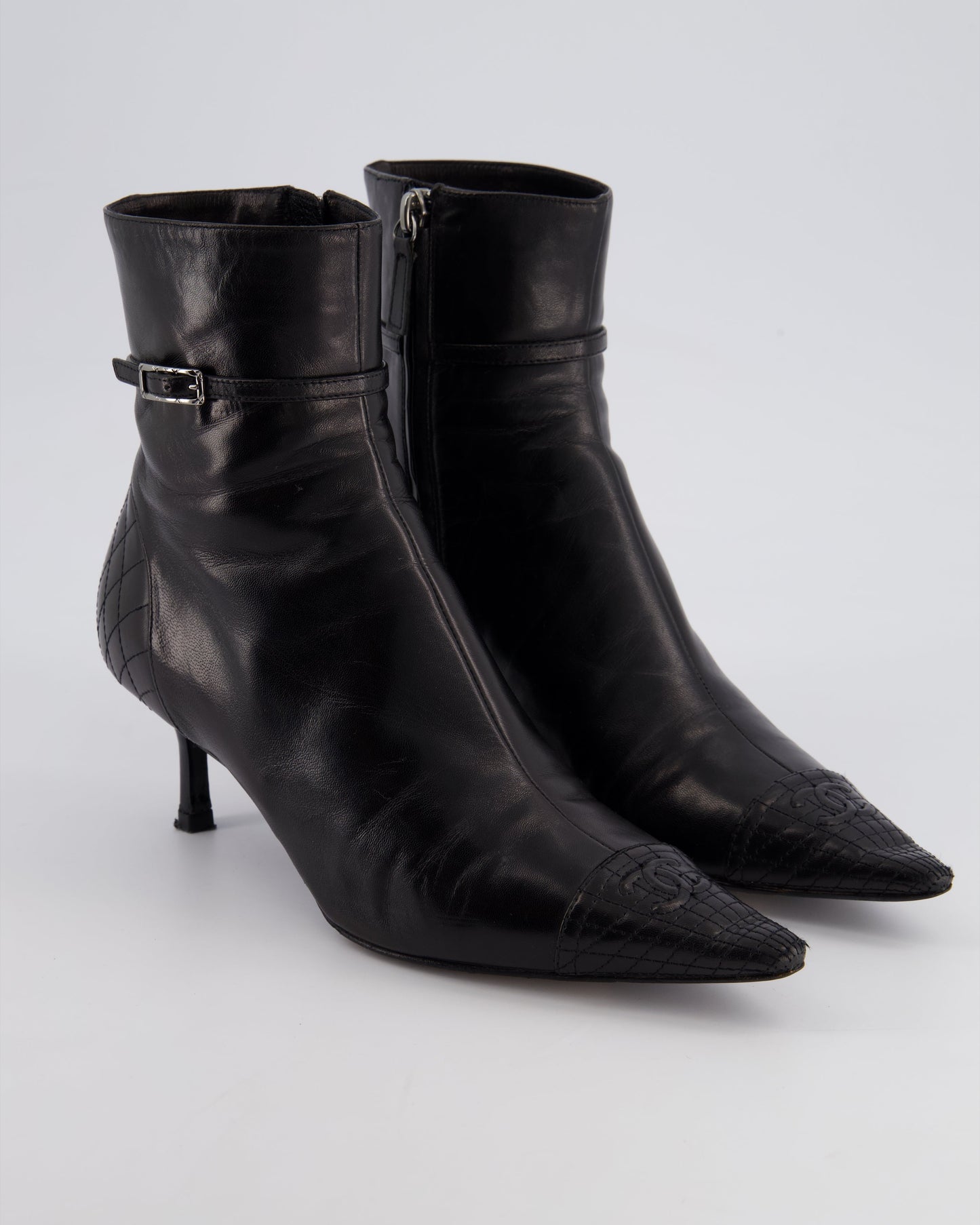 Chanel Black Leather Pointed Toe Ankle Boots Size EU 36