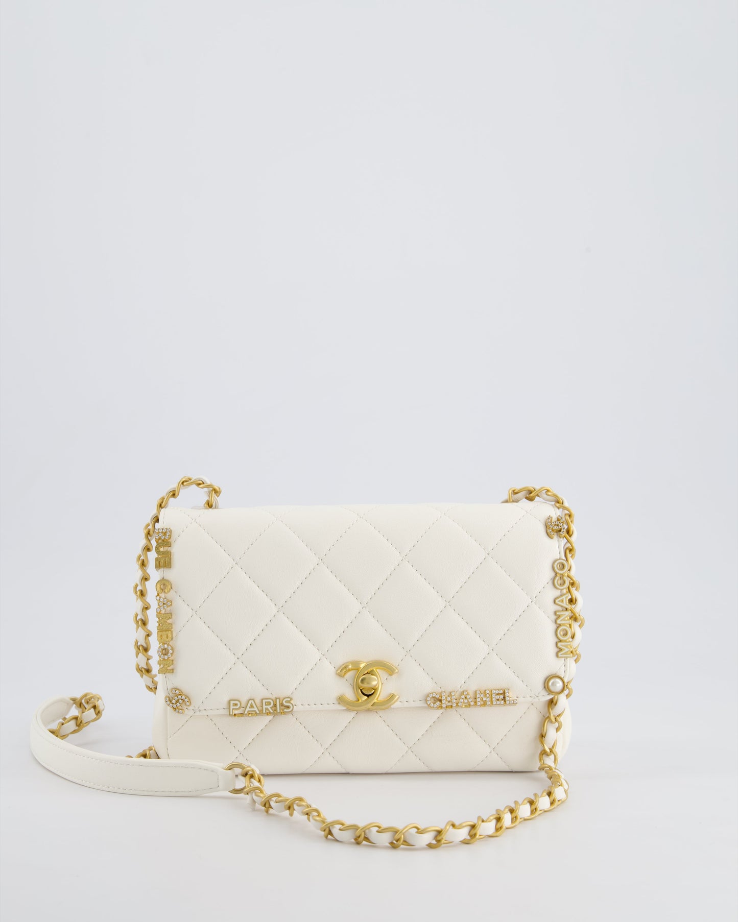 Chanel *LIMITED EDITION* White Paris Monaco Mini Single Flap Bag with Black Interior, Crystal Details and Brushed Gold Hardware