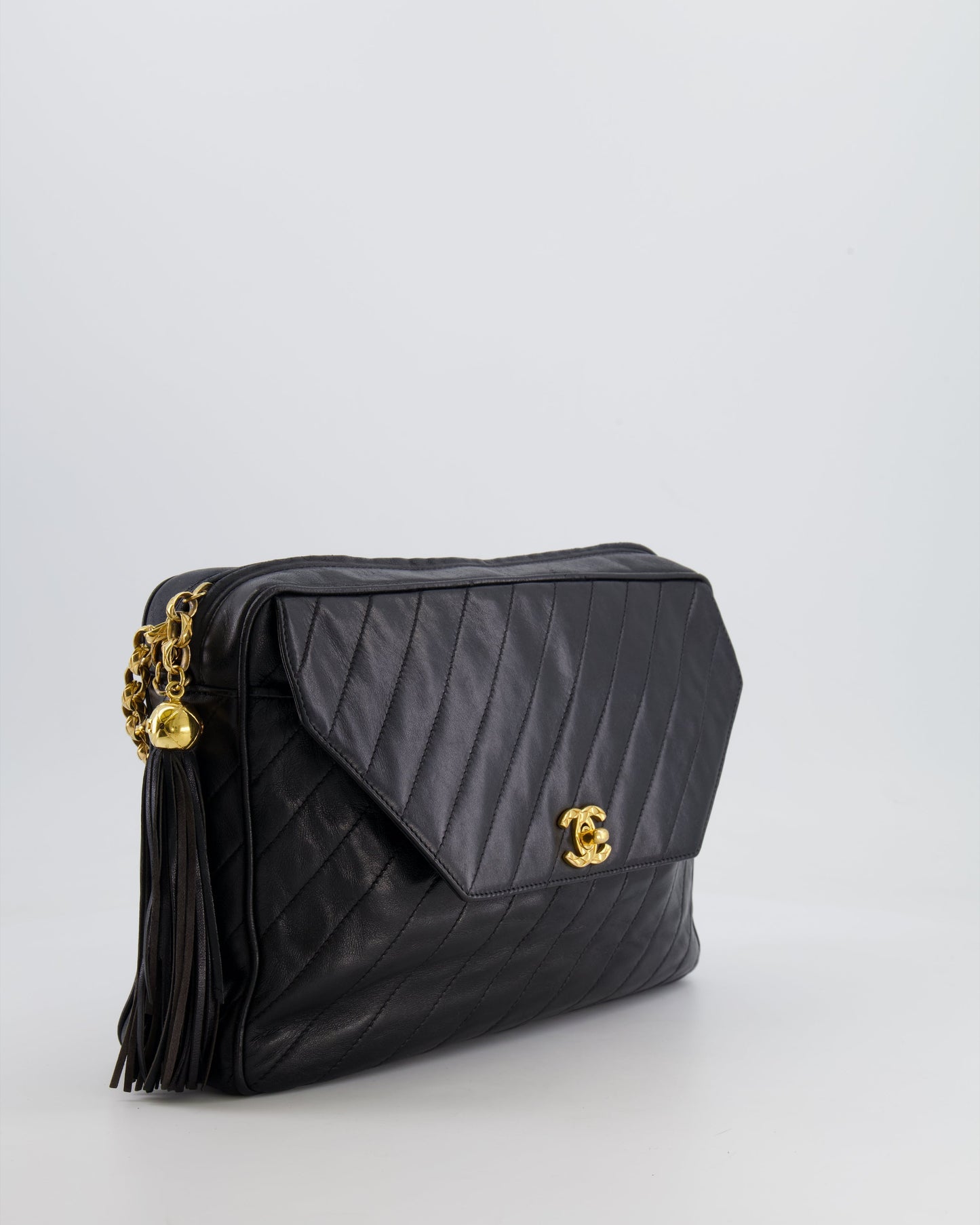 Chanel Black Large Camera Bag in Lambskin Leather with Front Pocket with Gold Hardware