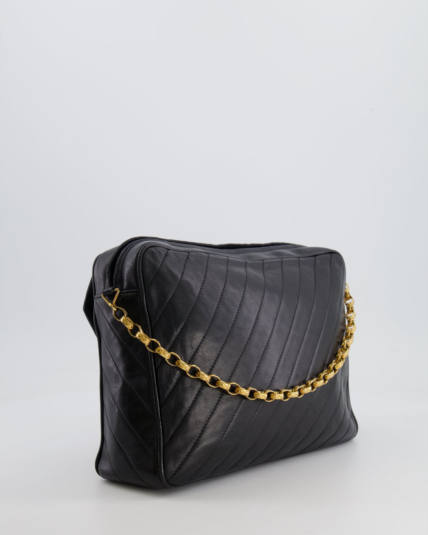 Chanel Black Large Camera Bag in Lambskin Leather with Front Pocket with Gold Hardware