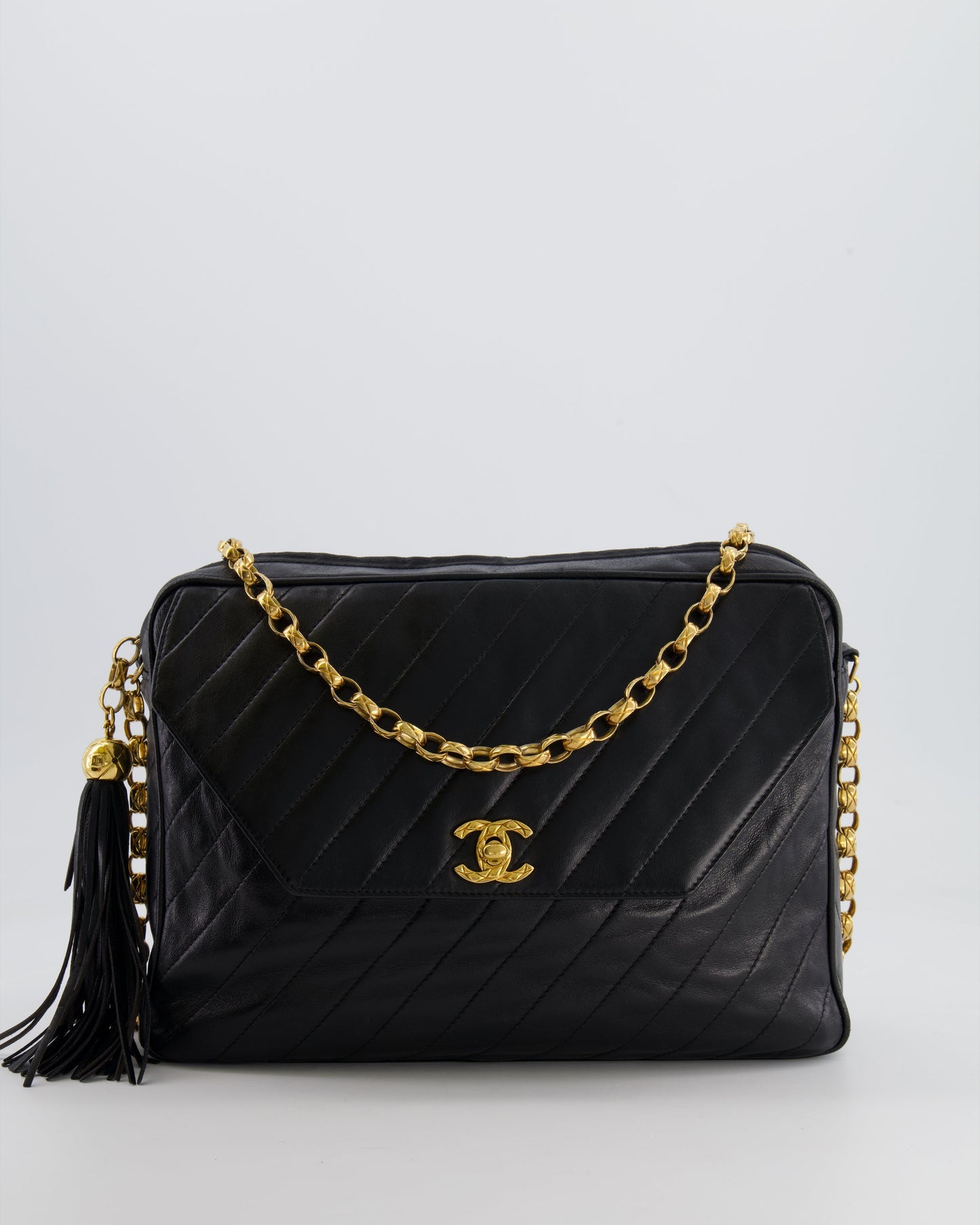 Chanel Black Large Camera Bag in Lambskin Leather with Front Pocket with Gold Hardware