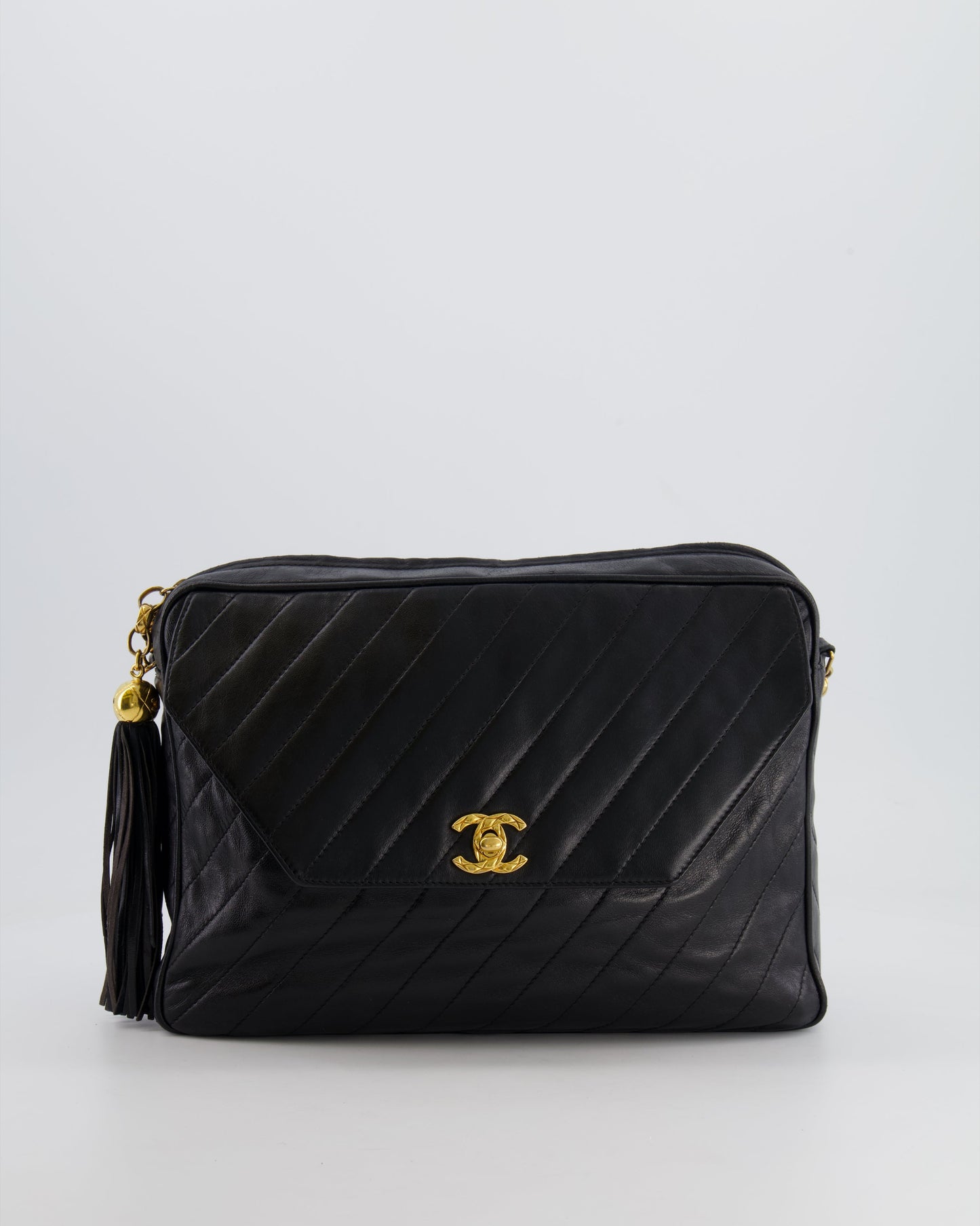 Chanel Black Large Camera Bag in Lambskin Leather with Front Pocket with Gold Hardware