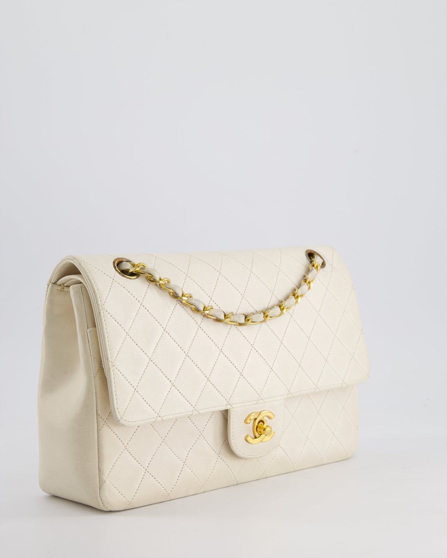 Chanel White Medium Classic Double Flap Bag in Lambskin Leather with Gold Hardware