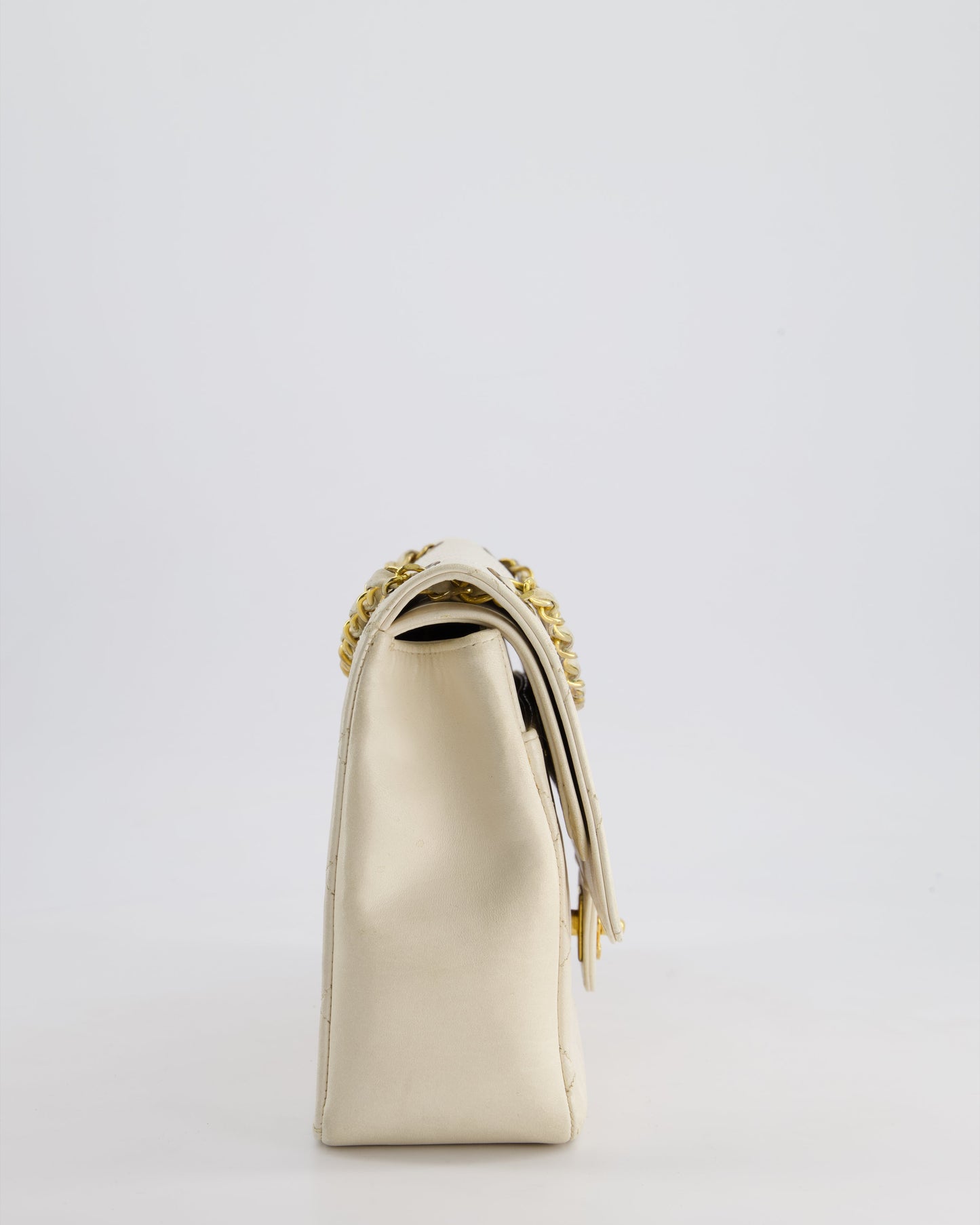 Chanel White Medium Classic Double Flap Bag in Lambskin Leather with Gold Hardware