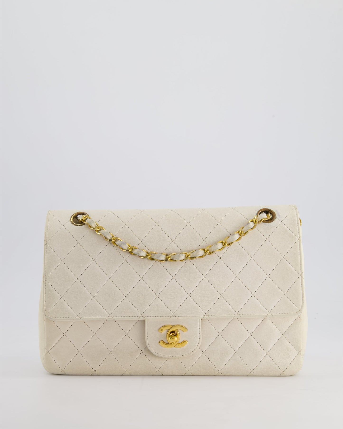 Chanel White Medium Classic Double Flap Bag in Lambskin Leather with Gold Hardware