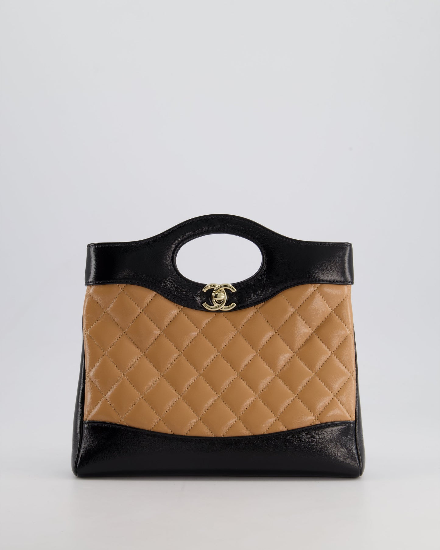 Chanel *HOT* Small 31 with Chain in Black and Light Brown Shiny Calfskin Leather with Champagne Gold Hardware Accessory