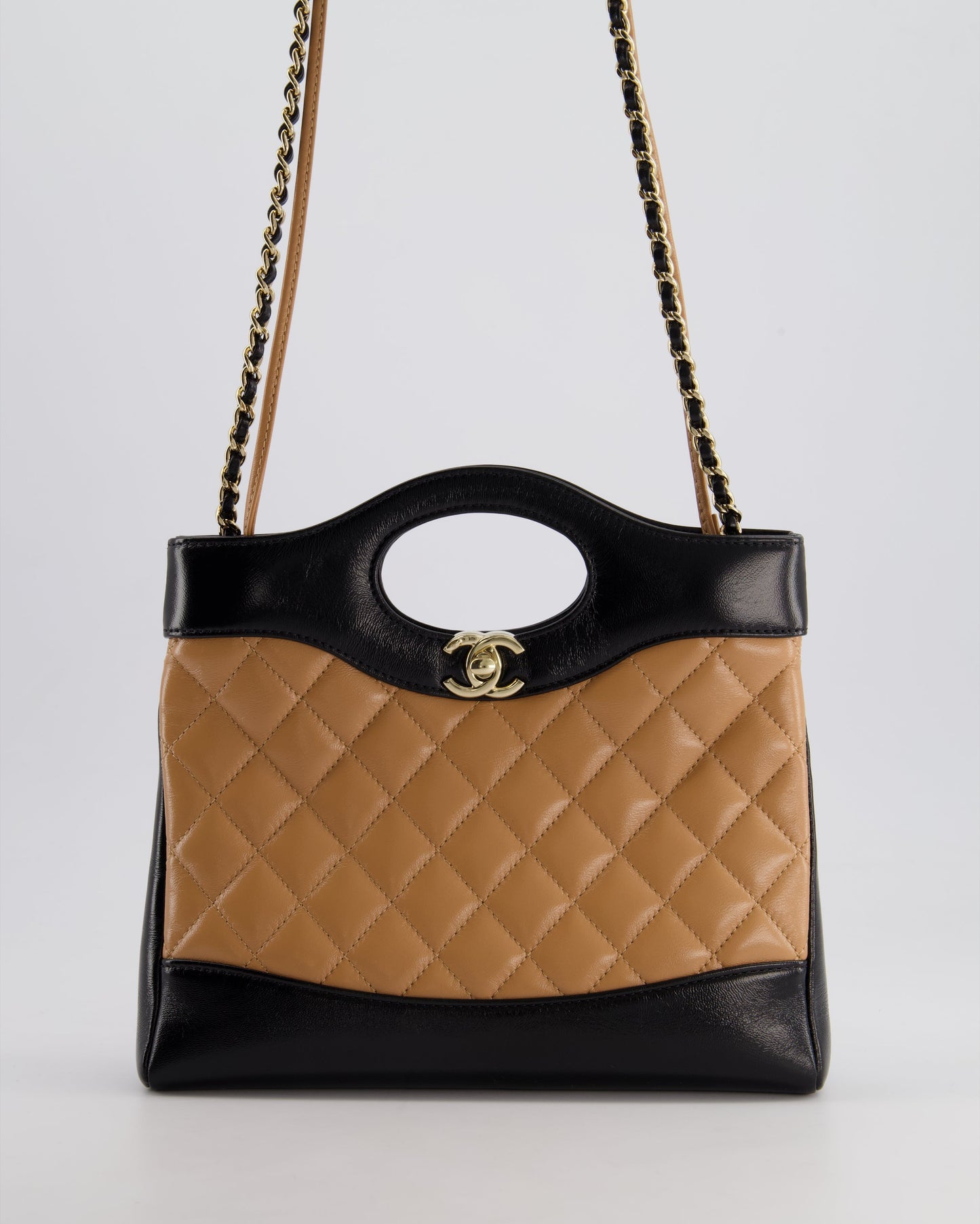 Chanel *HOT* Small 31 with Chain in Black and Light Brown Shiny Calfskin Leather with Champagne Gold Hardware Accessory