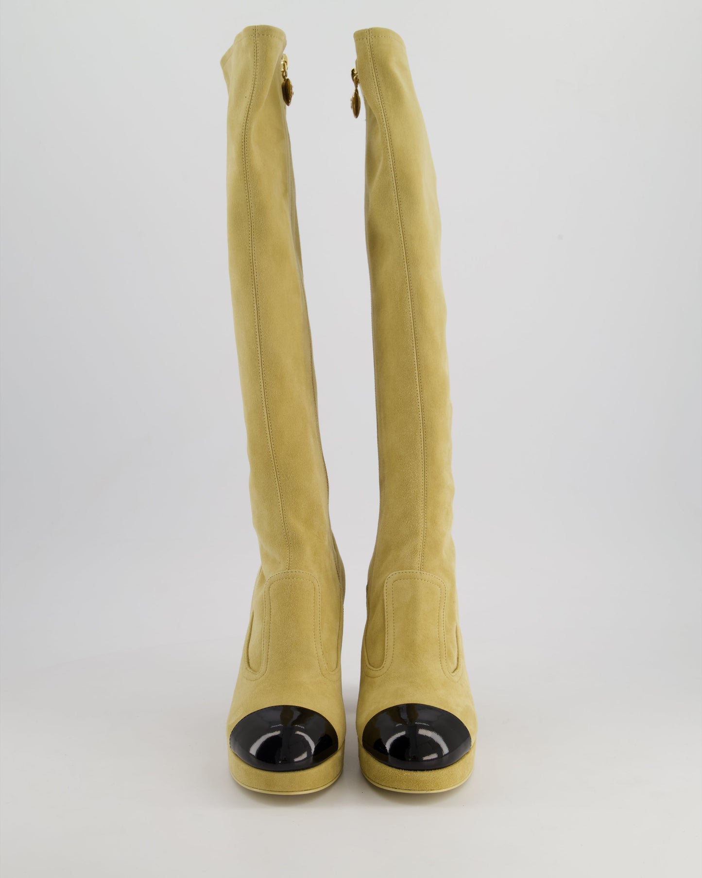 Chanel *HOT* SS/24 Beige Suede Platform Logo Knee-High Boots Size EU 36