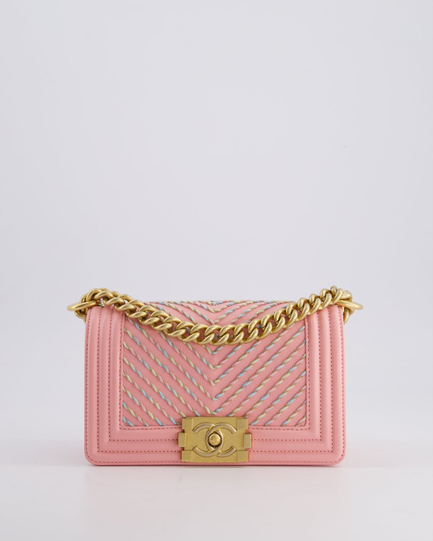 Chanel Pink Small Boy in Lambskin Leather with Pastel Chevron Detail and Brushed Gold Hardware Accessory