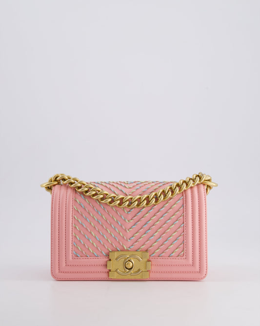 Chanel Pink Small Boy in Lambskin Leather with Pastel Chevron Detail and Brushed Gold Hardware Accessory