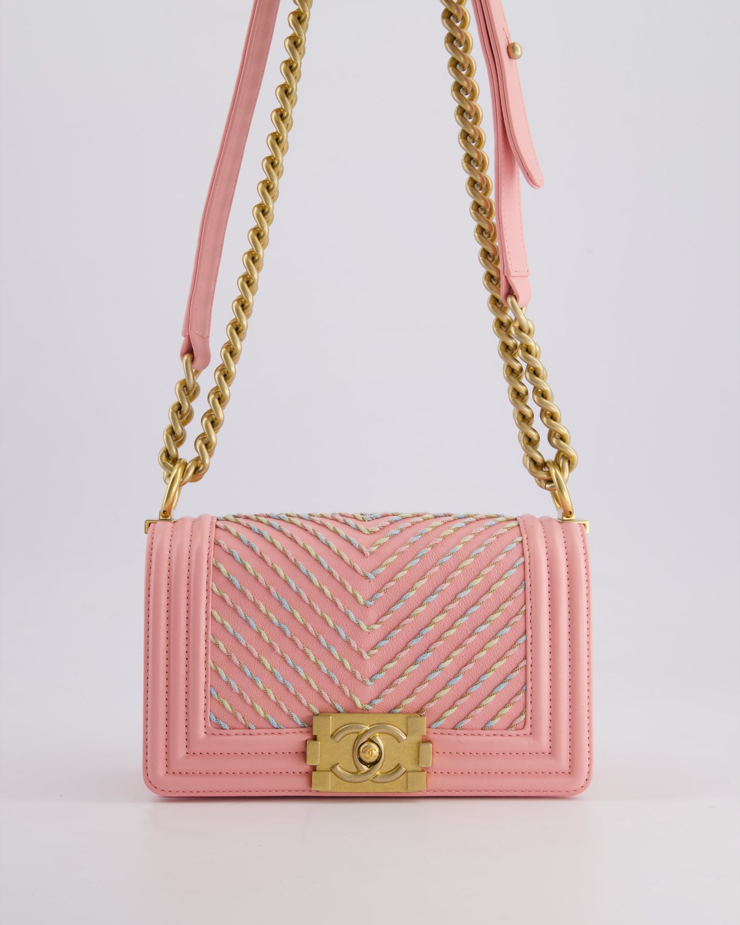 Chanel Pink Small Boy in Lambskin Leather with Pastel Chevron Detail and Brushed Gold Hardware Accessory
