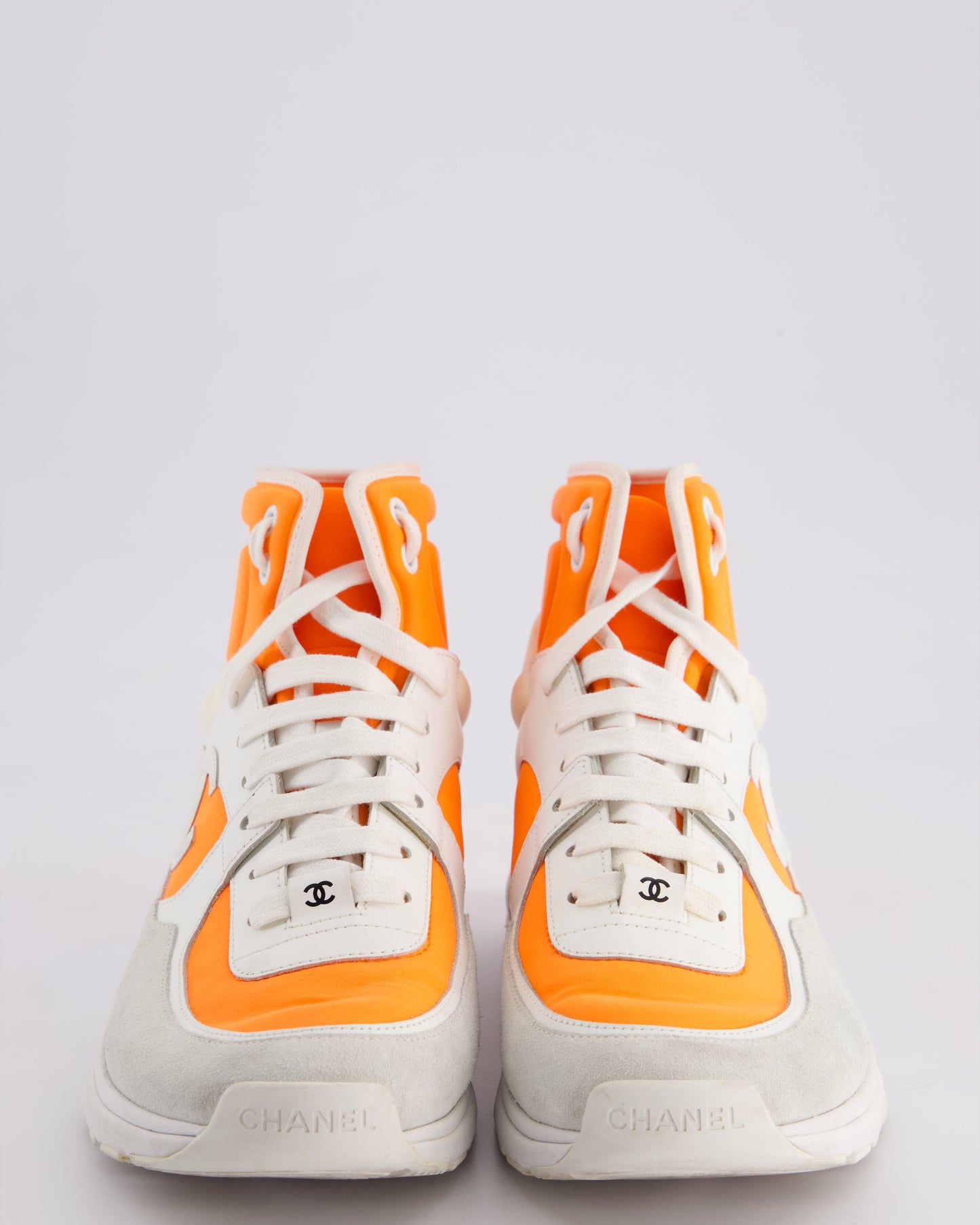 Chanel SS/18 White Leather and Neon Orange Nylon Laced High Top Trainers Size EU 39 Accessory