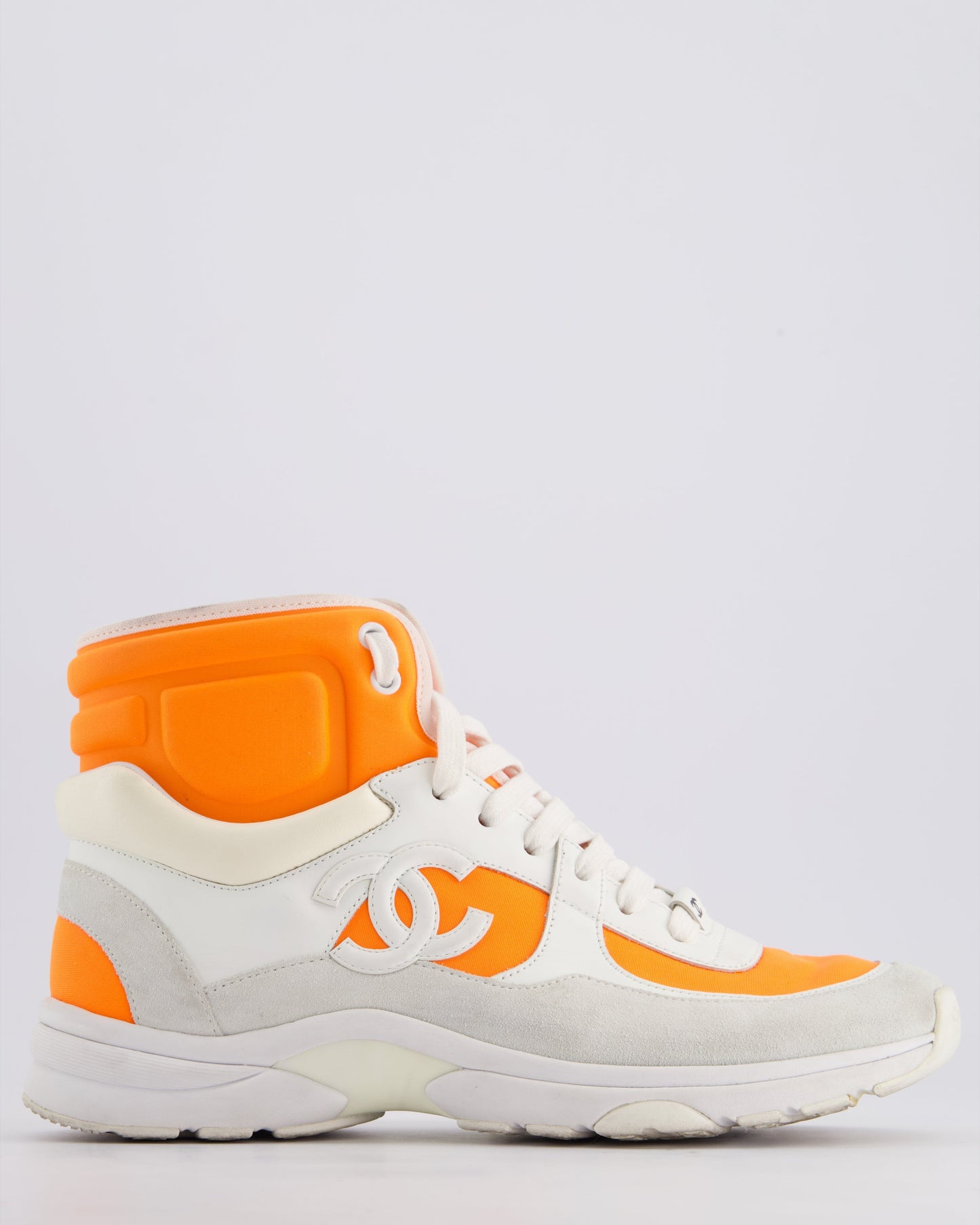 Chanel SS/18 White Leather and Neon Orange Nylon Laced High Top Trainers Size EU 39 Accessory