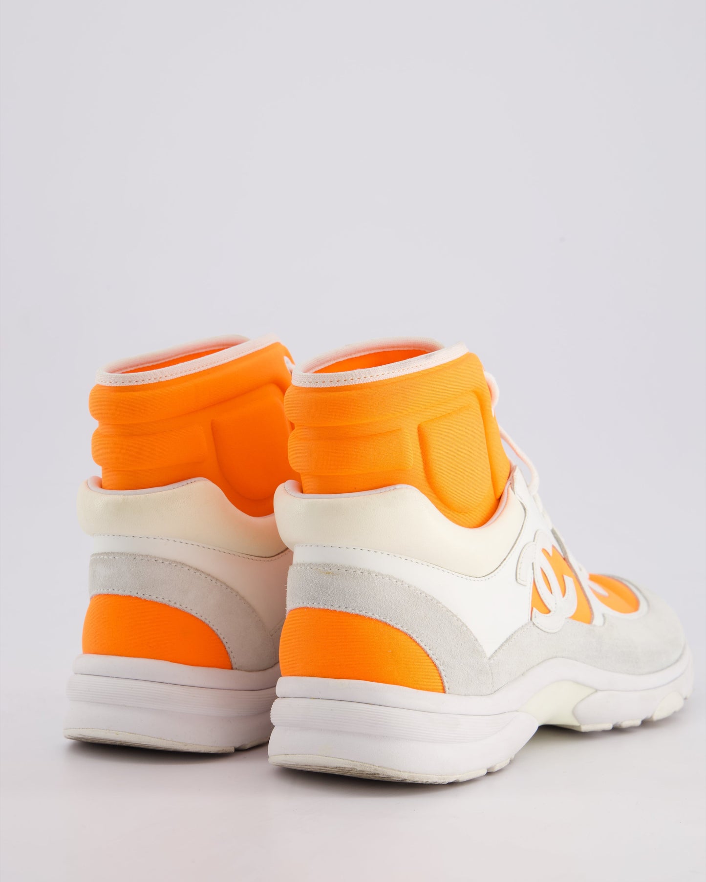 Chanel SS/18 White Leather and Neon Orange Nylon Laced High Top Trainers Size EU 39 Accessory