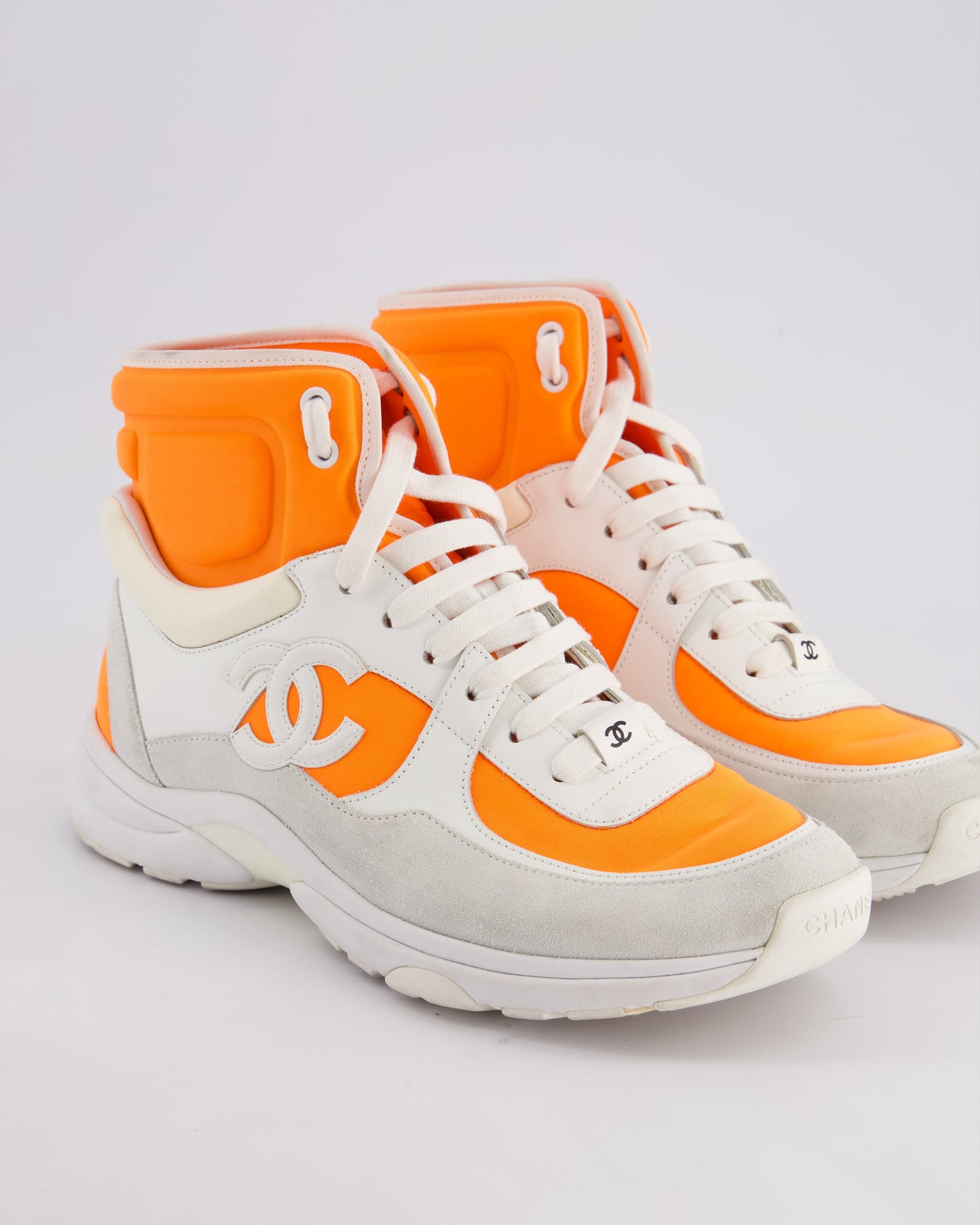 Chanel SS/18 White Leather and Neon Orange Nylon Laced High Top Trainers Size EU 39 Accessory