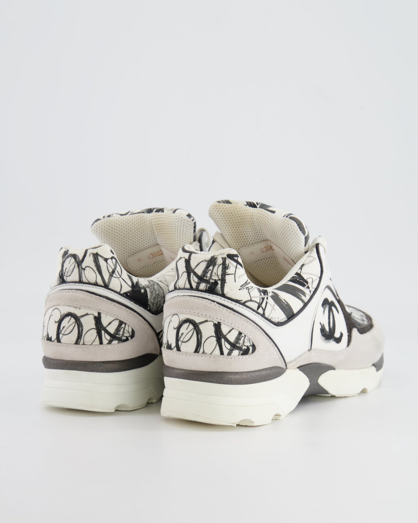 Chanel Grey, White, Black Leather and Suede Graffiti CC Trainers Size EU 38.5 Accessory