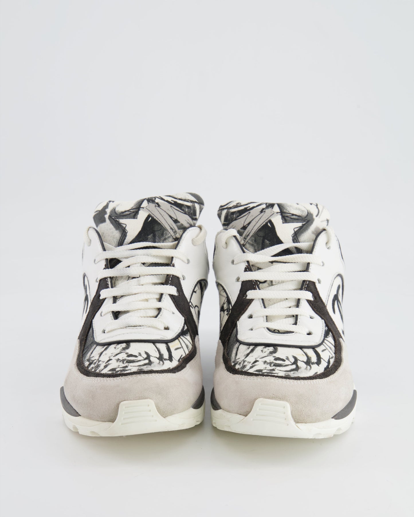 Chanel Grey, White, Black Leather and Suede Graffiti CC Trainers Size EU 38.5 Accessory