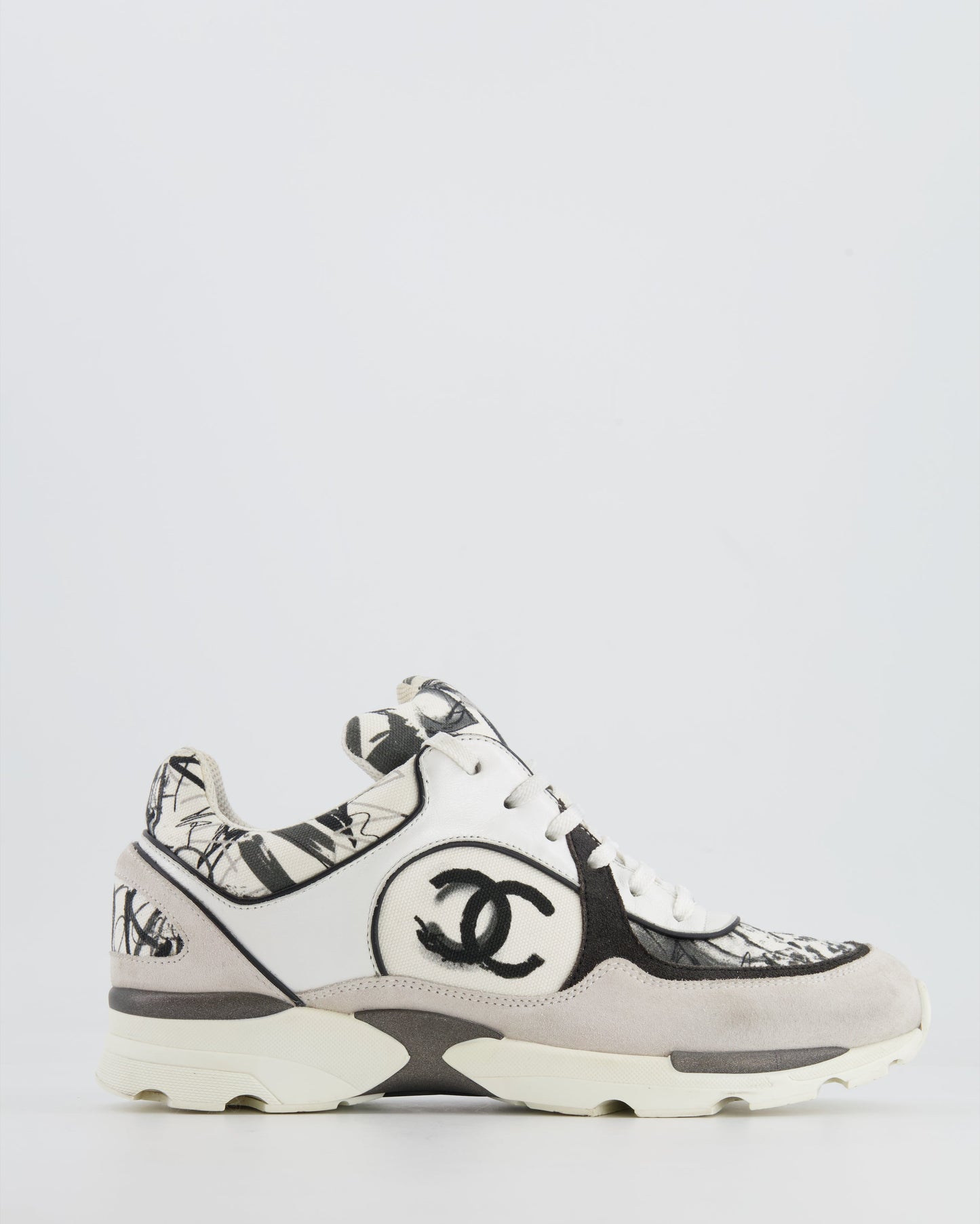 Chanel Grey, White, Black Leather and Suede Graffiti CC Trainers Size EU 38.5 Accessory
