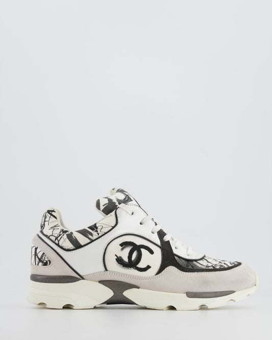 Chanel Grey, White, Black Leather and Suede Graffiti CC Trainers Size EU 38.5 Accessory