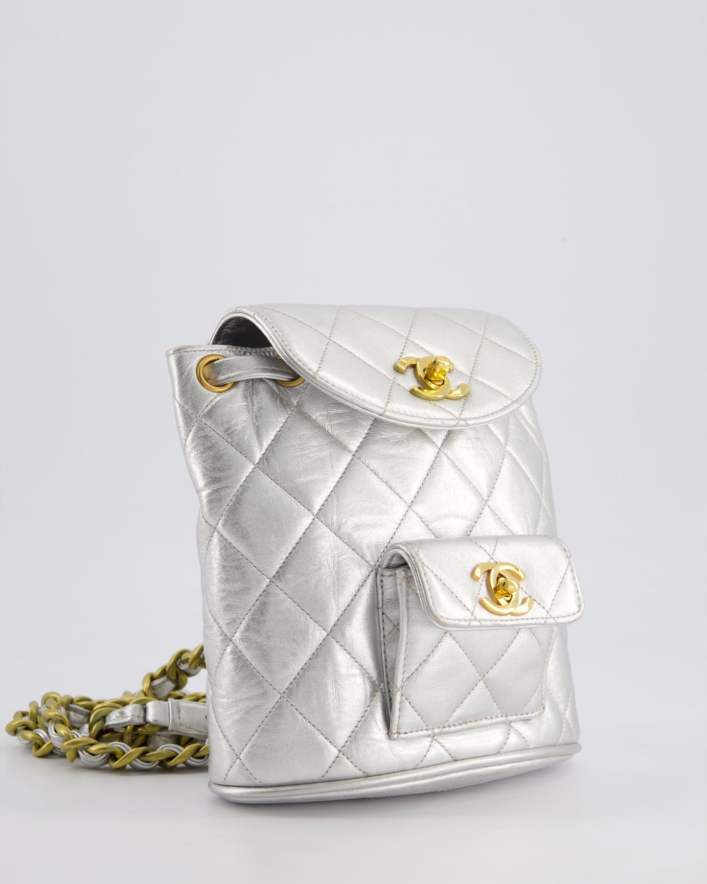 Chanel *RARE* Metallic Silver Mini Duma Backpack Bag in Lambskin Leather with Gold Hardware