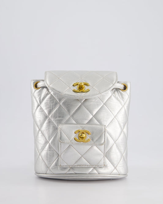 Chanel *RARE* Metallic Silver Mini Duma Backpack Bag in Lambskin Leather with Gold Hardware