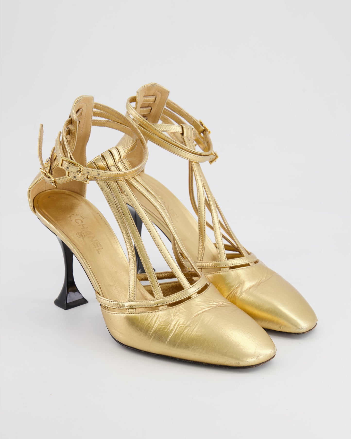 Chanel Gold Distressed Leather Caged Pumps with Black Heel Detail Size