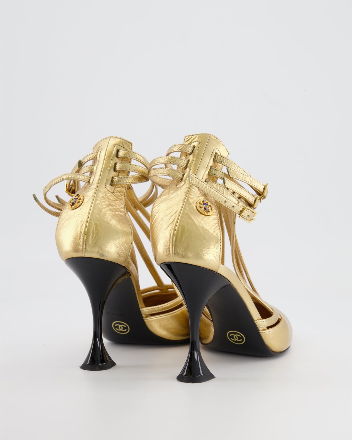 Chanel Gold Distressed Leather Caged Pumps with Black Heel Detail Size