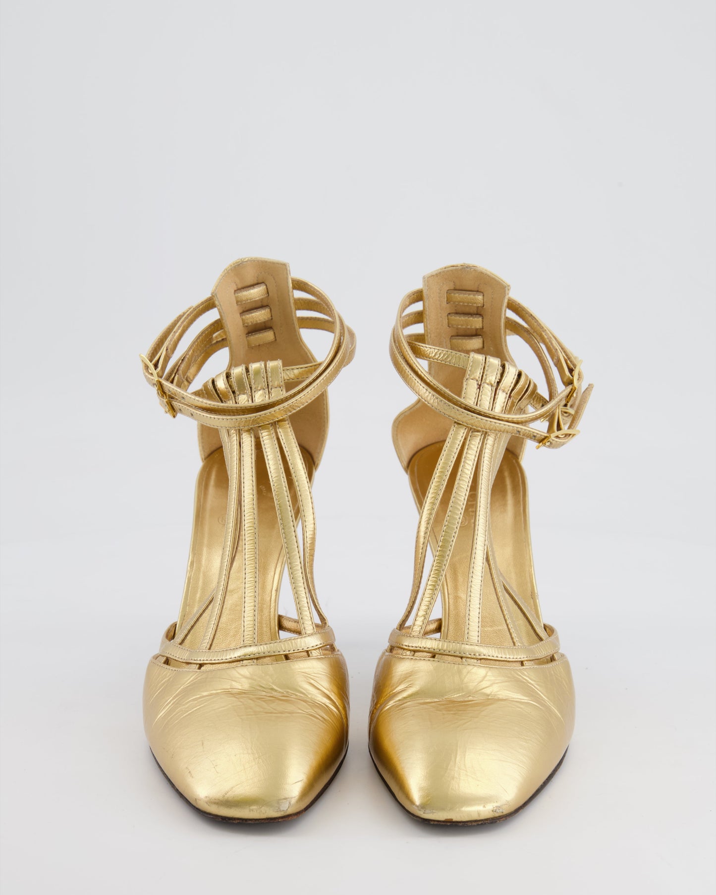 Chanel Gold Distressed Leather Caged Pumps with Black Heel Detail Size