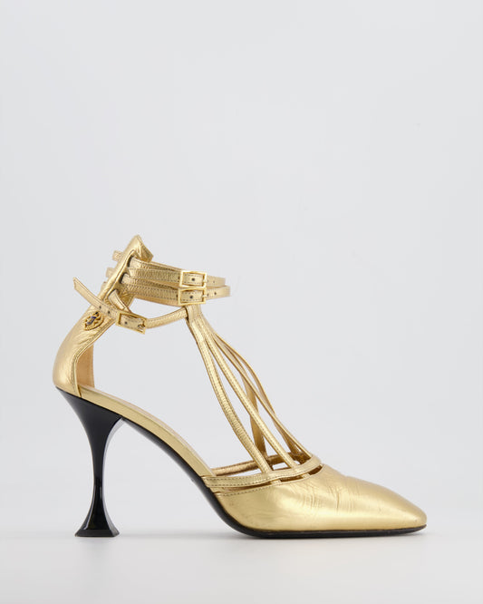 Chanel Gold Distressed Leather Caged Pumps with Black Heel Detail Size