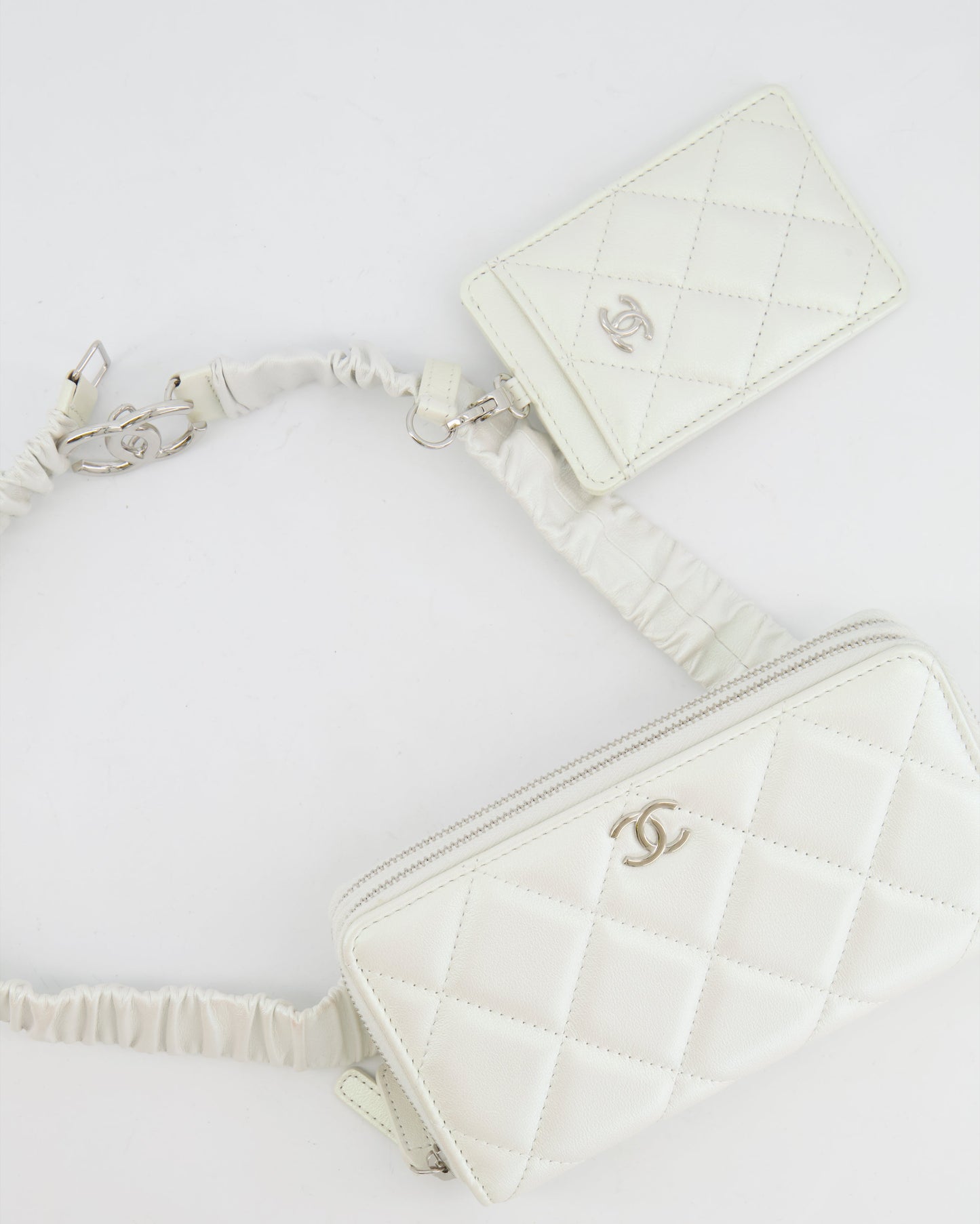 Chanel *HOT* Coco Neige White Pearlescent Lambskin Belt Bag with Silver Hardware