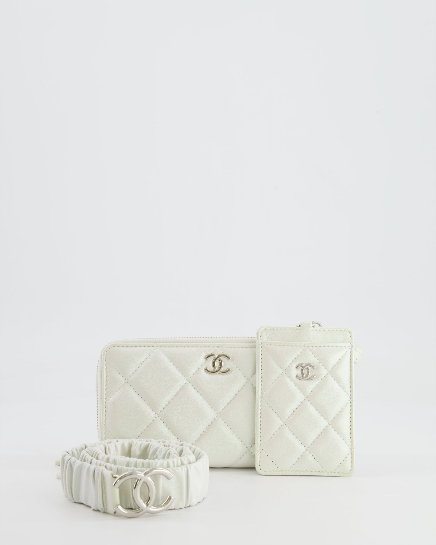 Chanel *HOT* Coco Neige White Pearlescent Lambskin Belt Bag with Silver Hardware