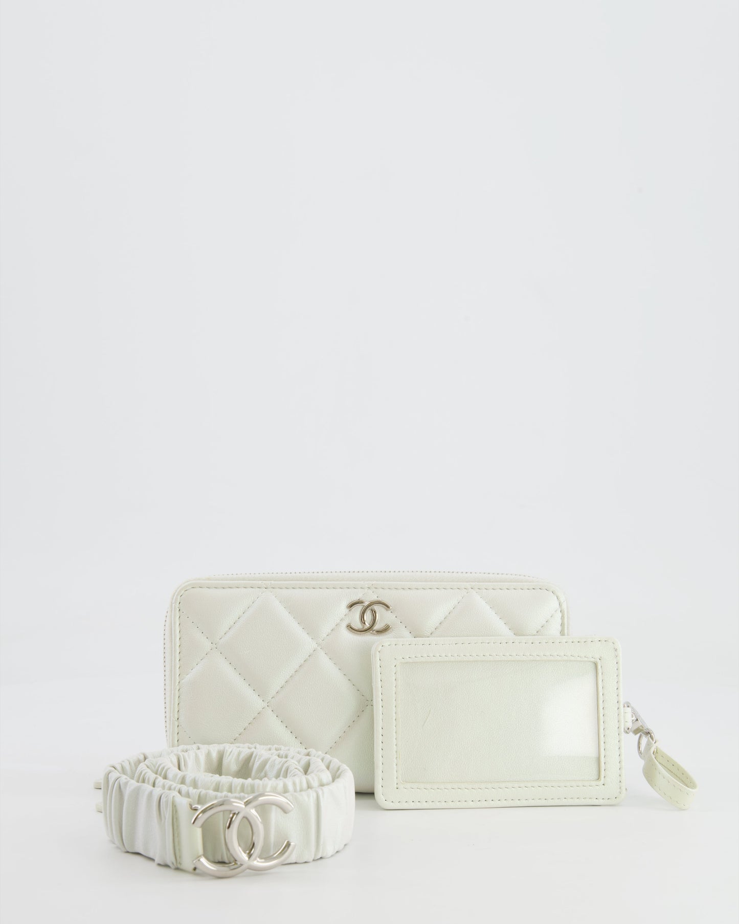 Chanel *HOT* Coco Neige White Pearlescent Lambskin Belt Bag with Silver Hardware