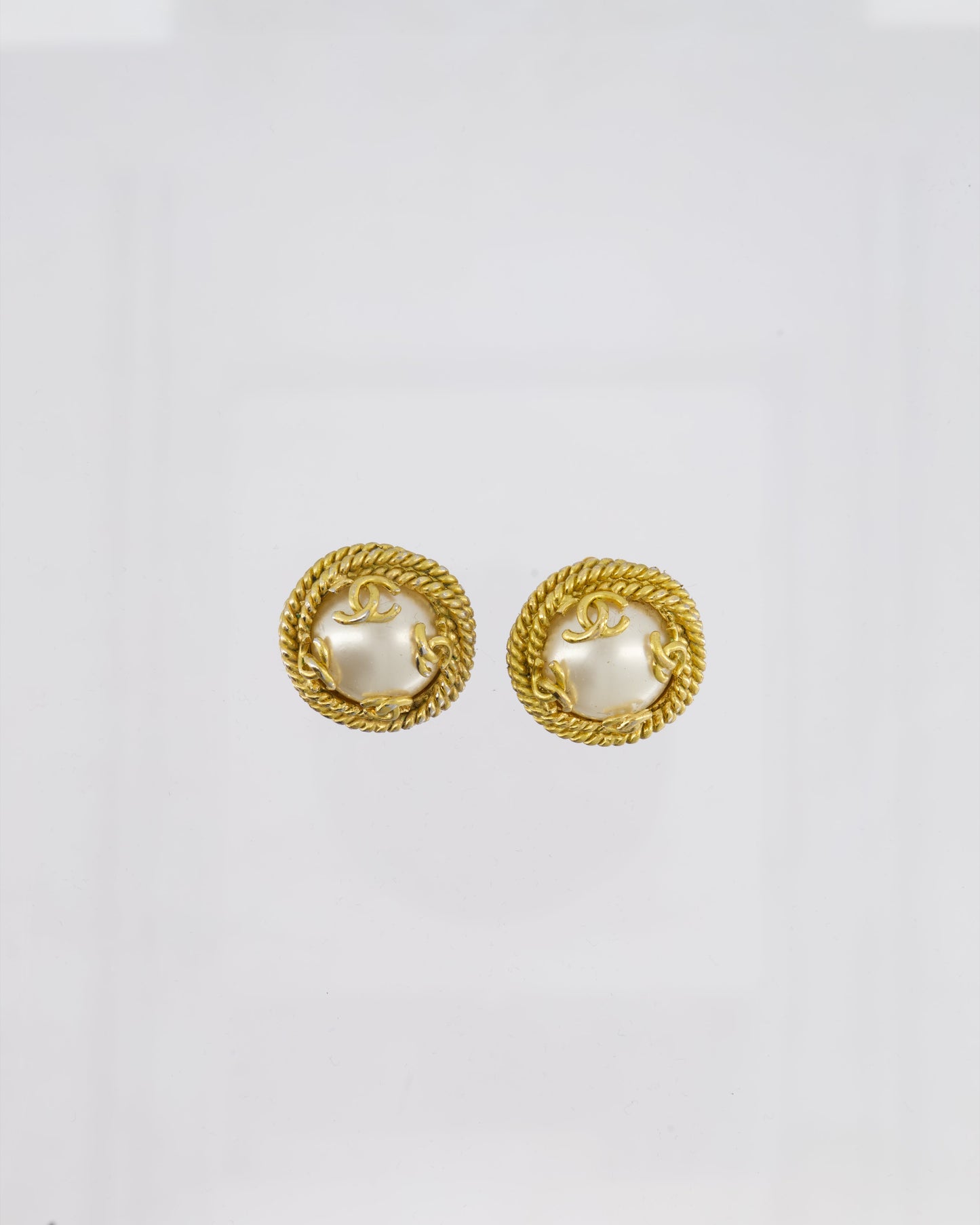 Chanel Gold and Pearl Round CC Logo Textured Earrings Jewelry