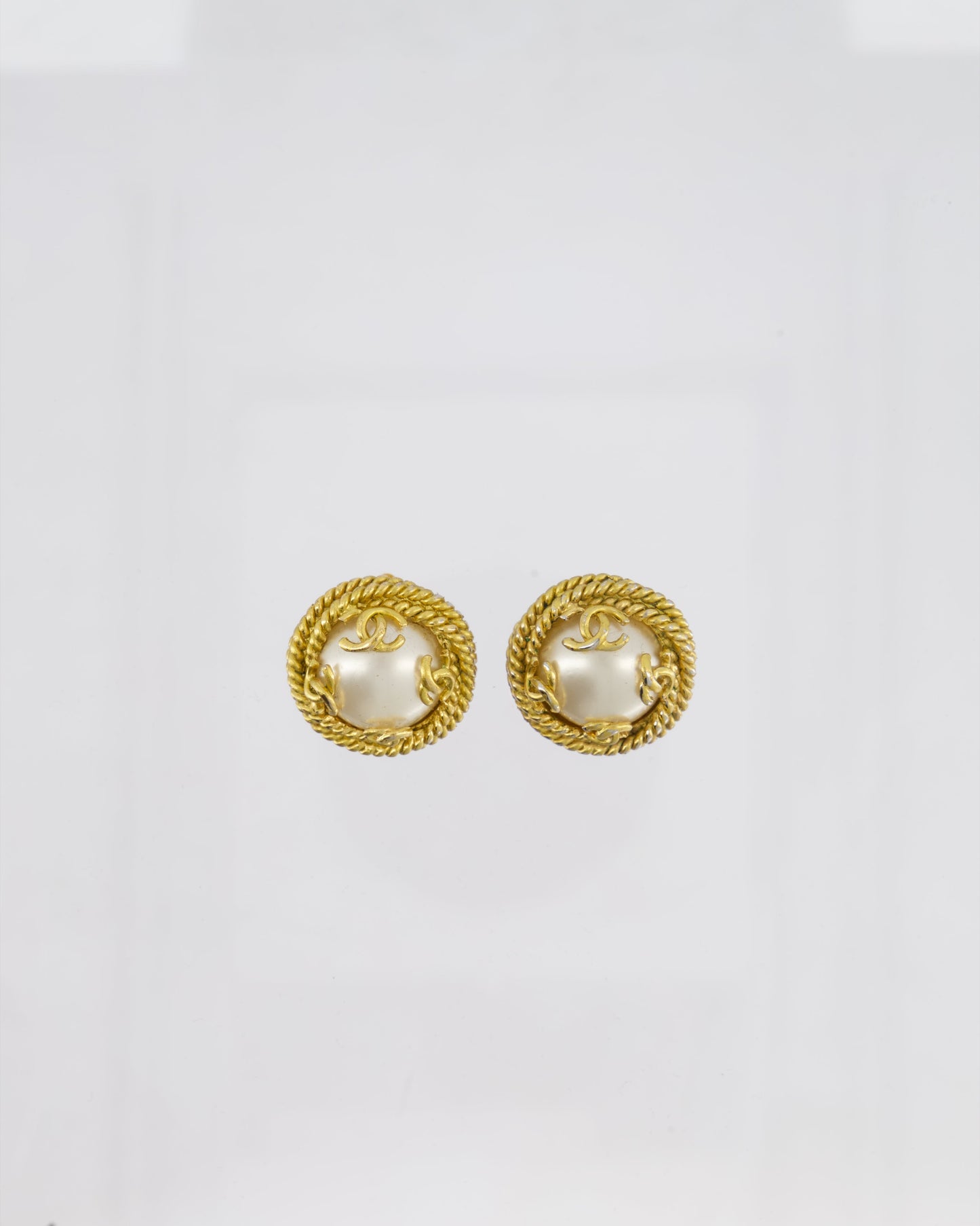 Chanel Gold and Pearl Round CC Logo Textured Earrings Jewelry