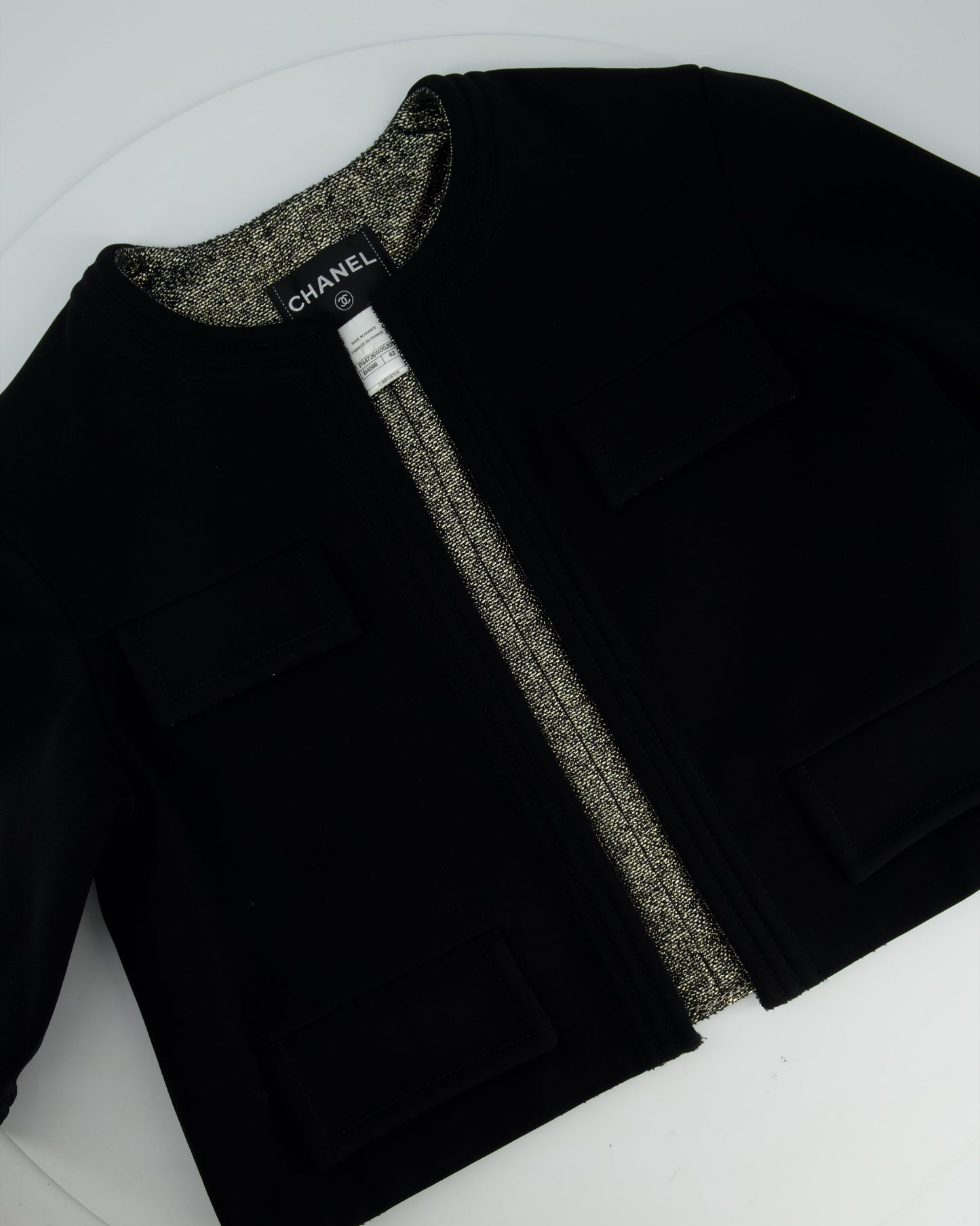 Chanel *HOT* 12/A Black and Silver Metallic Tweed Lined Pocket Jacket Size FR 42 (UK 14)