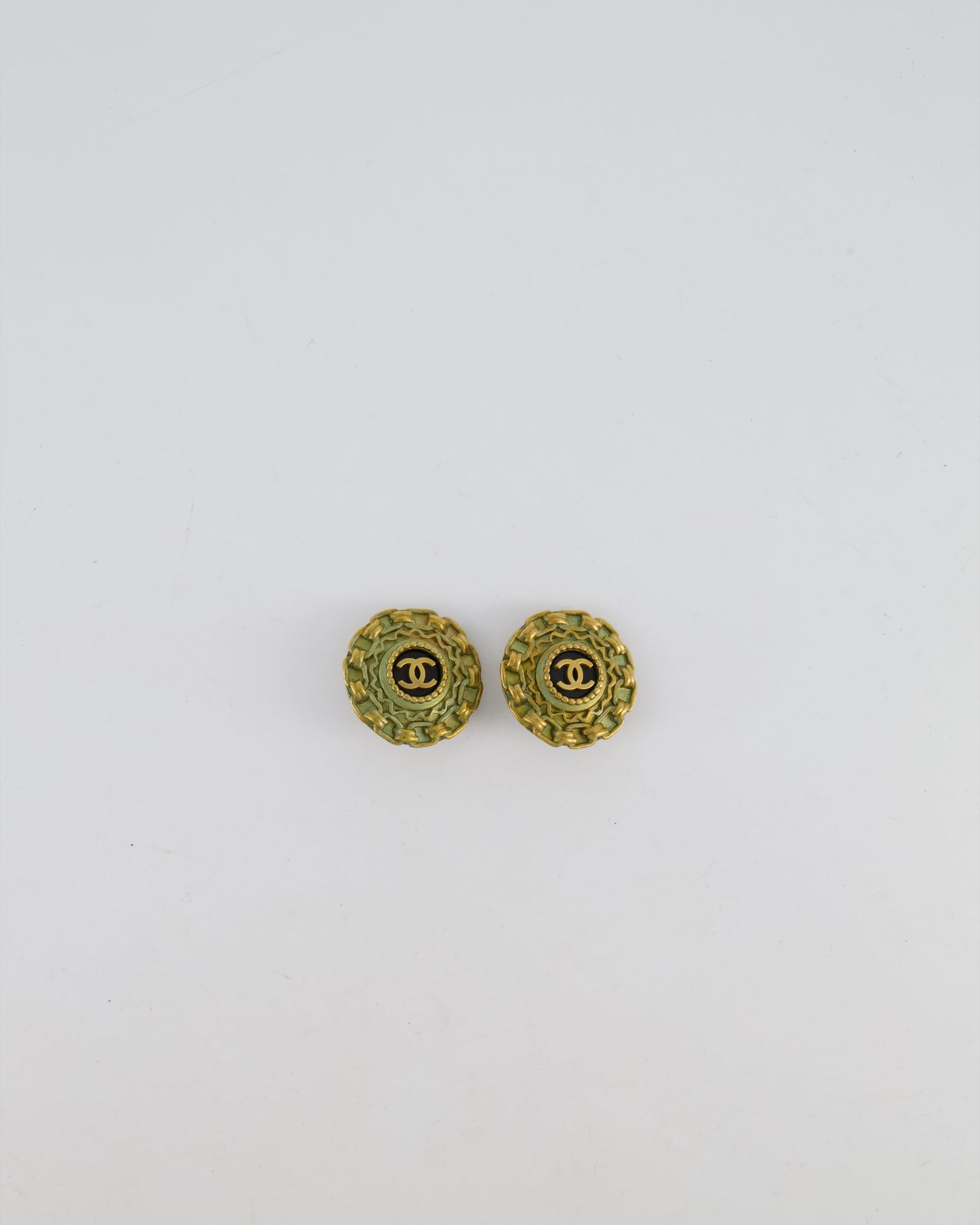 Chanel CC Brushed Gold Matelasse Round Small Clip-On Earrings with Black Detailing Jewelry