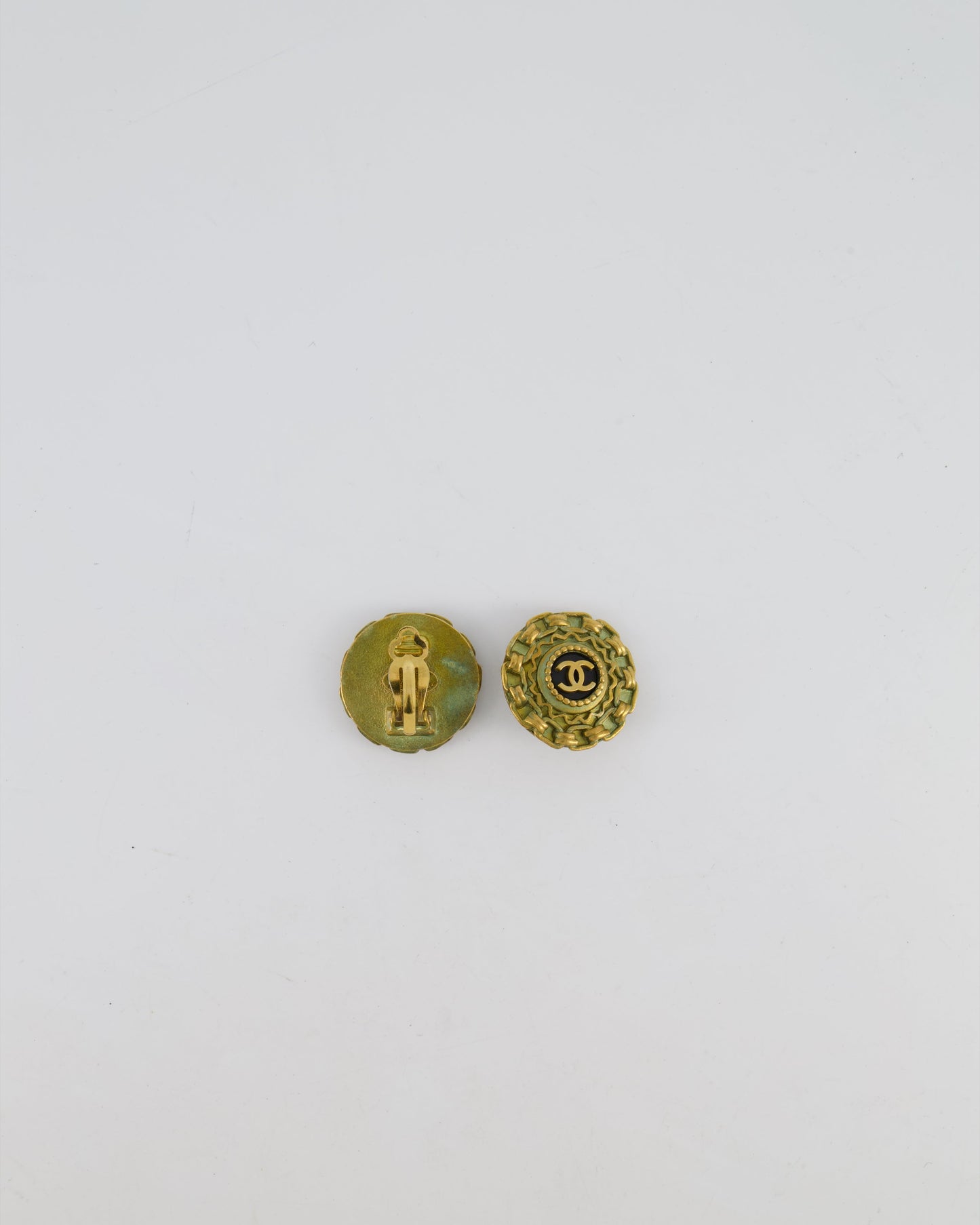 Chanel CC Brushed Gold Matelasse Round Small Clip-On Earrings with Black Detailing Jewelry