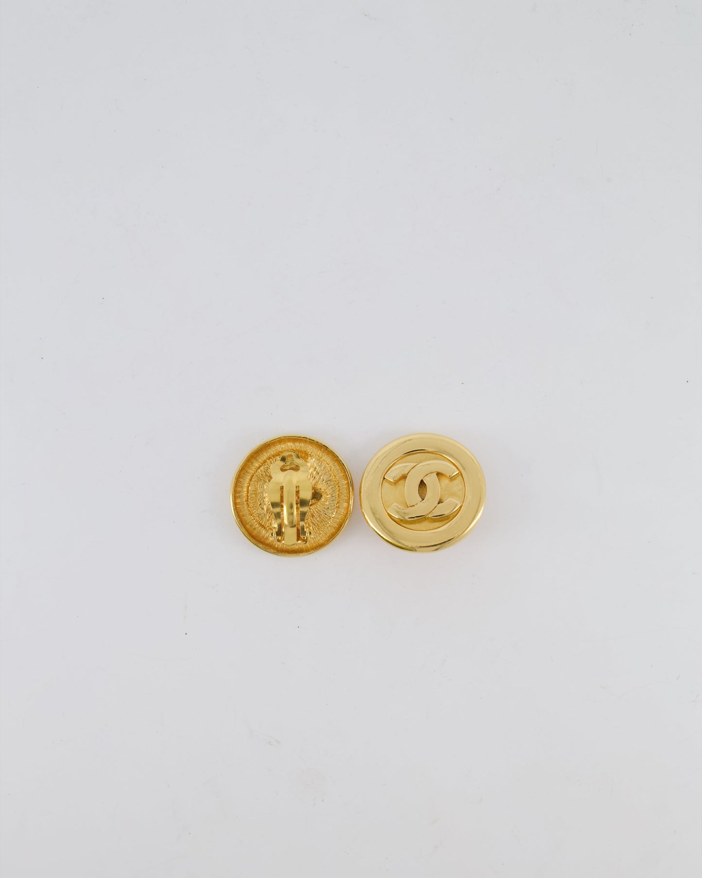 Chanel Gold Classic Round Clip-On Earrings with Gold CC Logo Jewelry