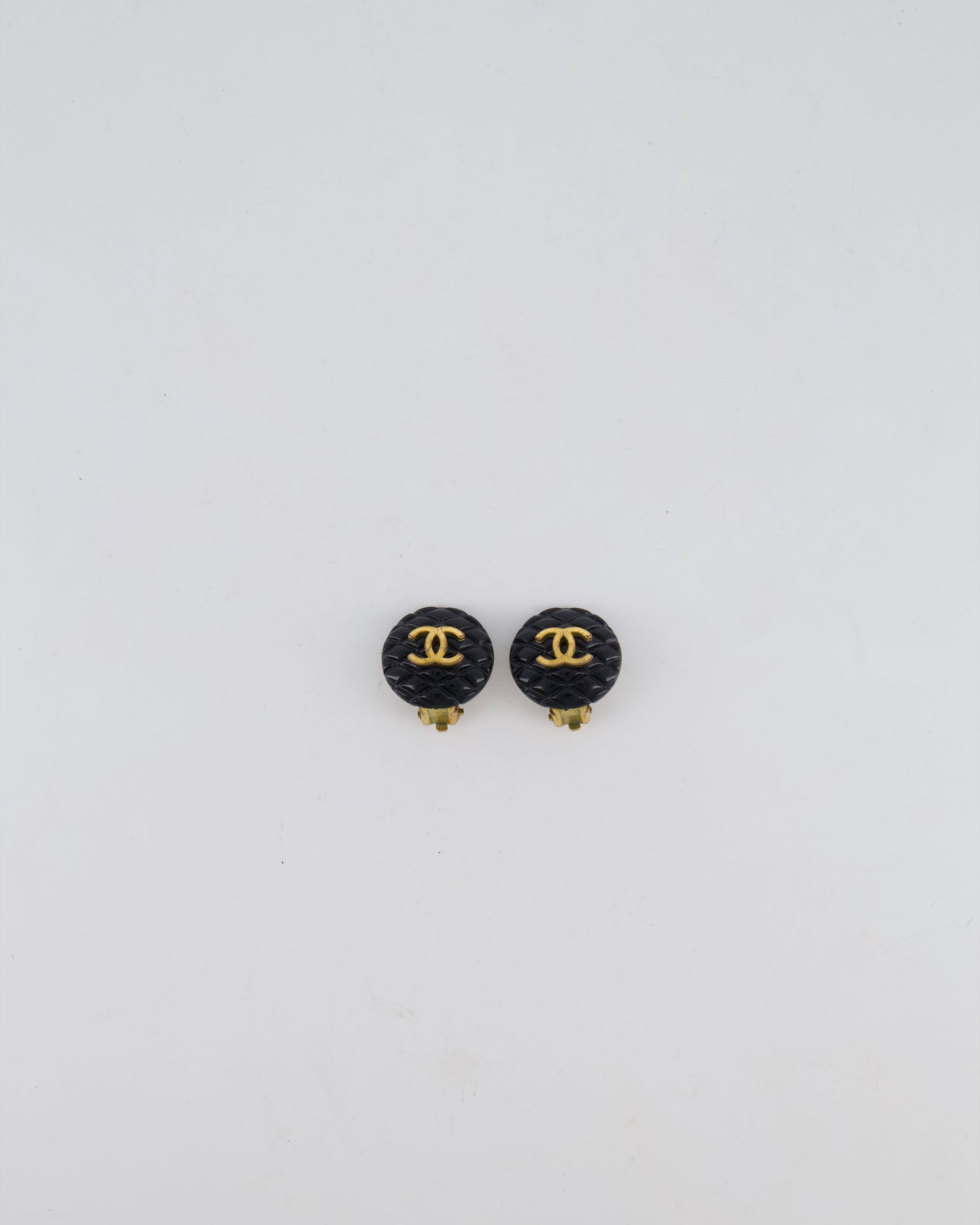 Chanel Black Matelasse Small Round Clip-On Earrings with Gold CC Logo Jewelry