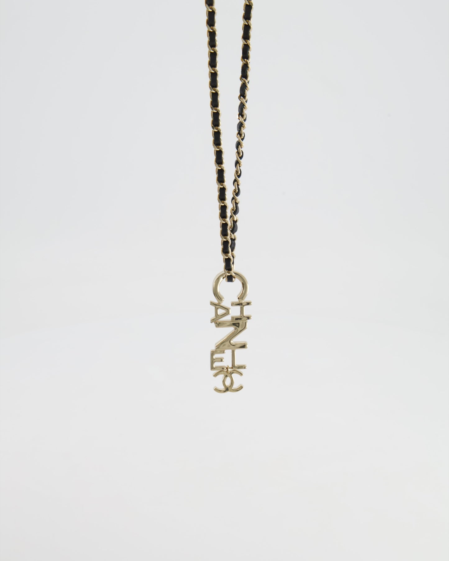 Chanel Black Chain and Champagne Gold Necklace with Logo Pendant