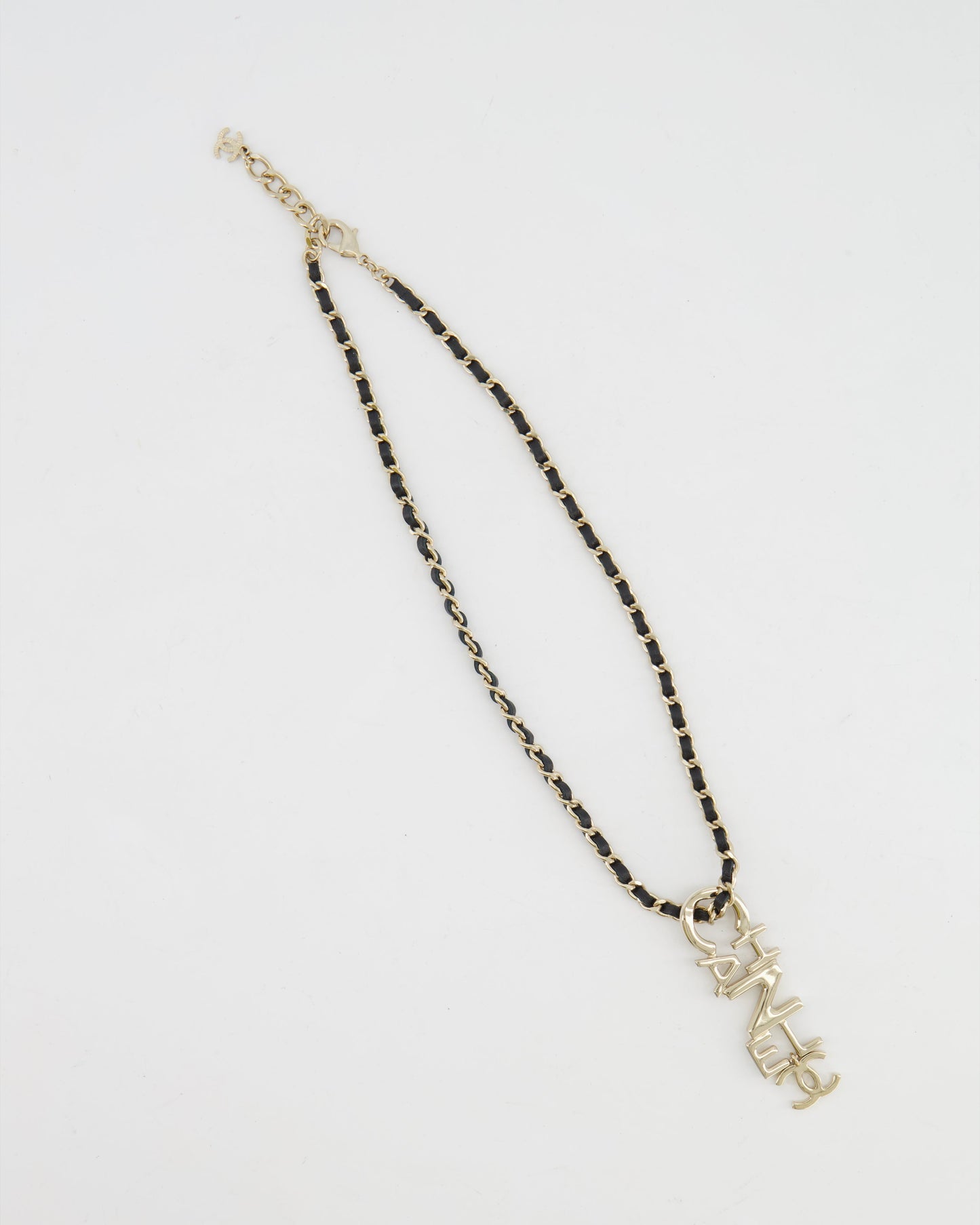 Chanel Black Chain and Champagne Gold Necklace with Logo Pendant