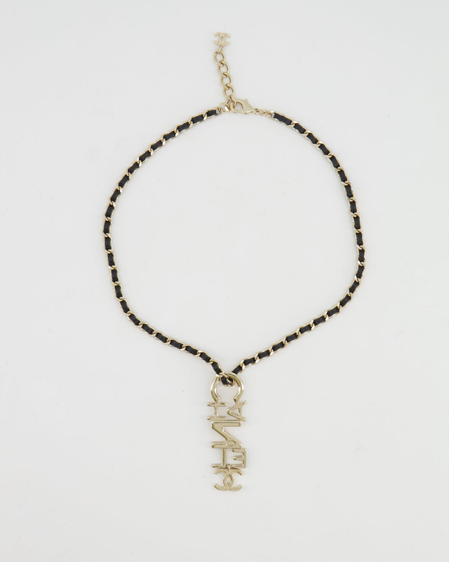 Chanel Black Chain and Champagne Gold Necklace with Logo Pendant