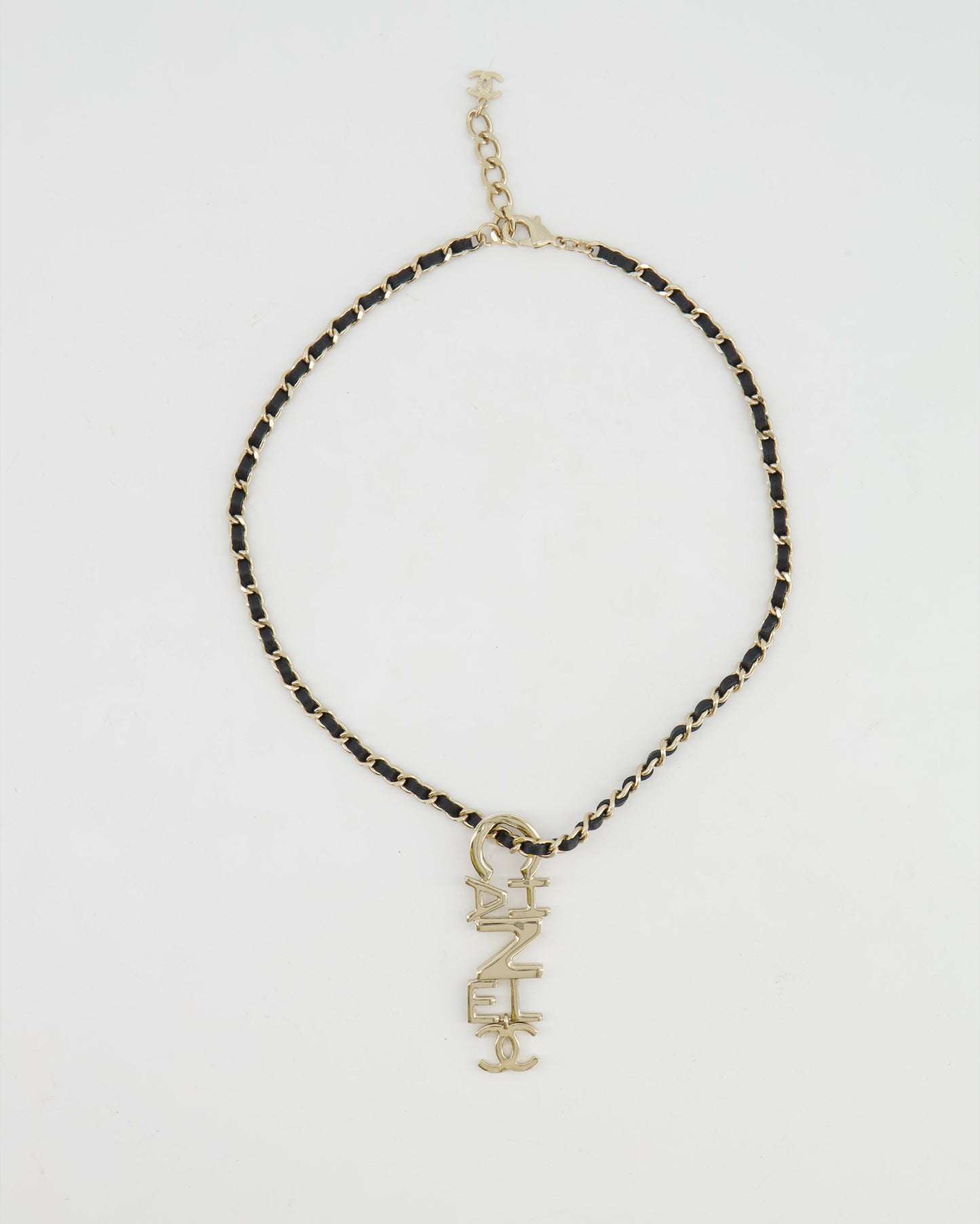 Chanel Black Chain and Champagne Gold Necklace with Logo Pendant