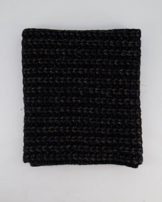 Chanel Black Grey and Gold Metallic Knitted Cashmere Blend Scarf with White CC Logo Button One Size