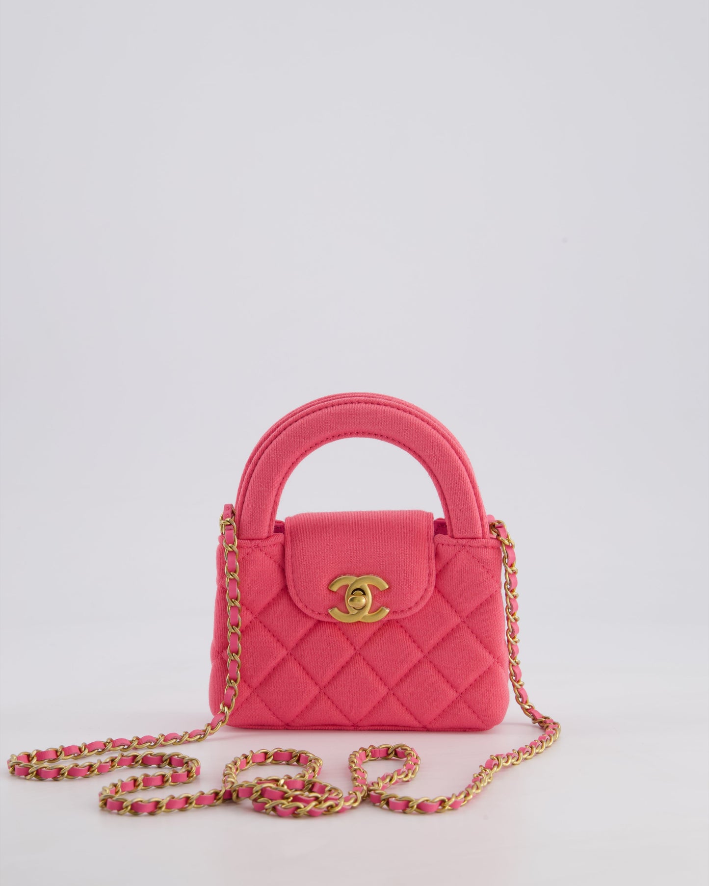 Chanel *RARE* Pink Nano Mini Kelly in Pink Quilted Jersey with Brushed Antique Gold Hardware