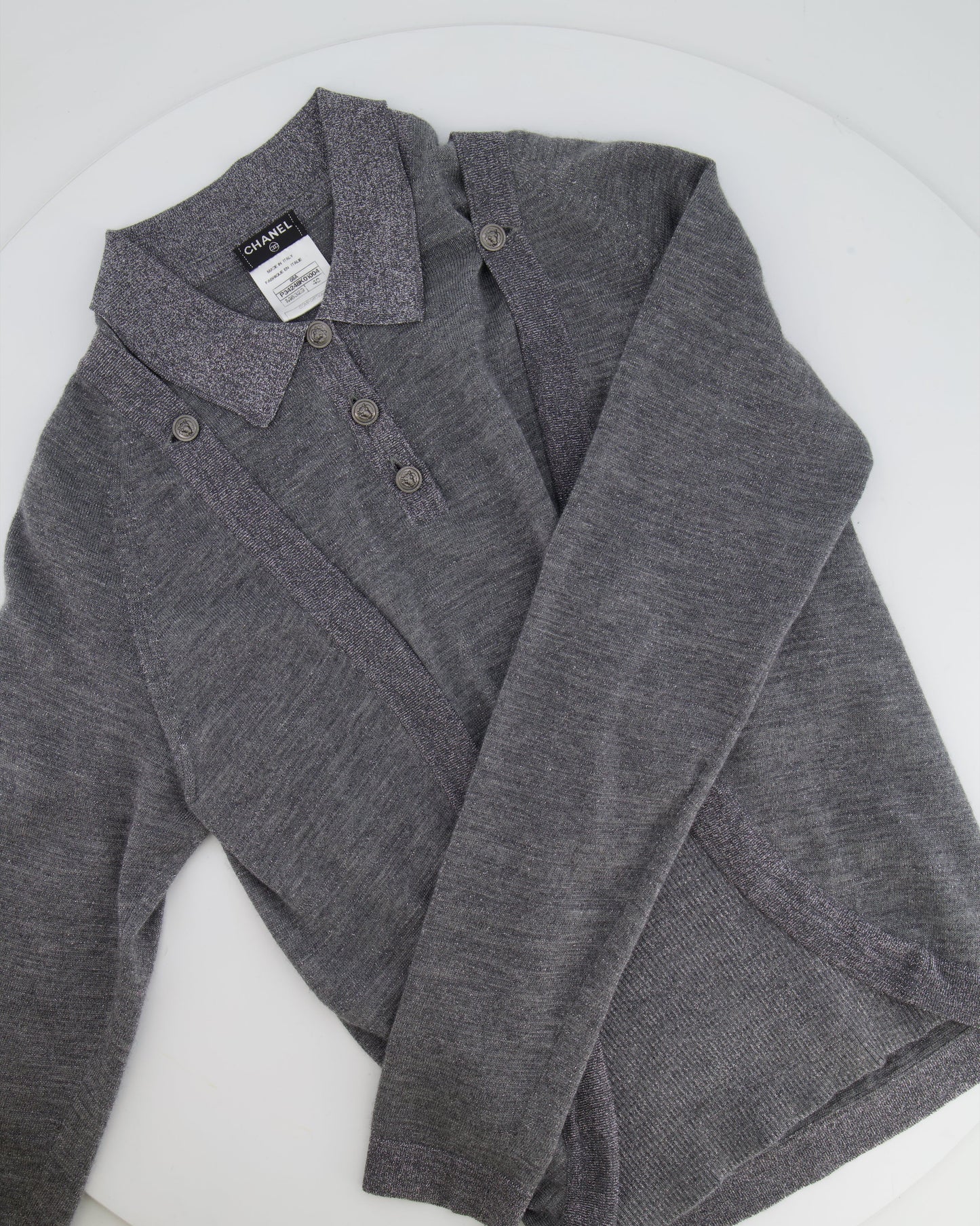 Chanel Grey Two Piece Cashmere Detachable Top and Cardigan Set with Silver Metallic Details Size FR 40 (UK 12) Apparel