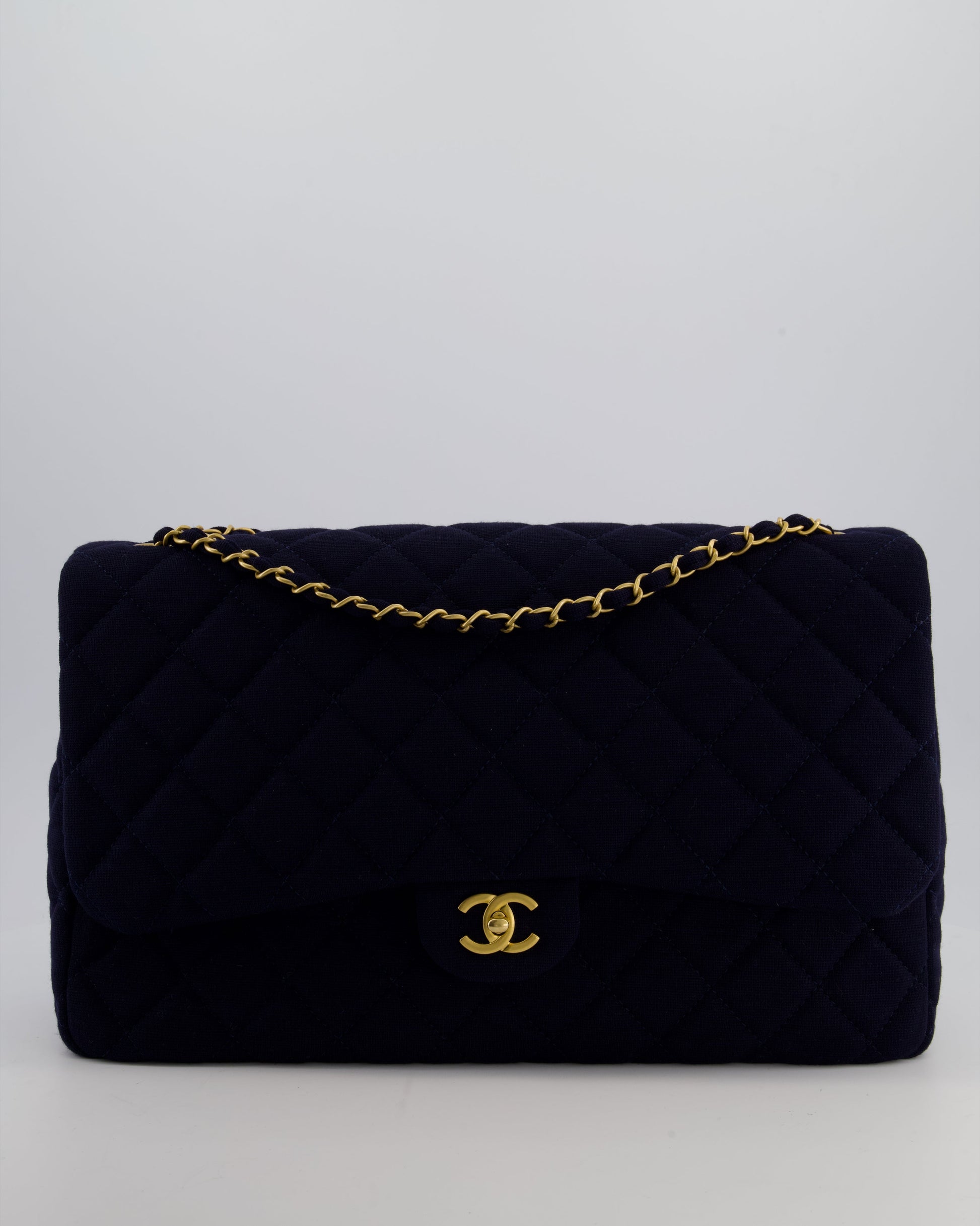 *HOT* Chanel Navy XXL Single Flap Bag in Quilted Jersey with Gold Hardware