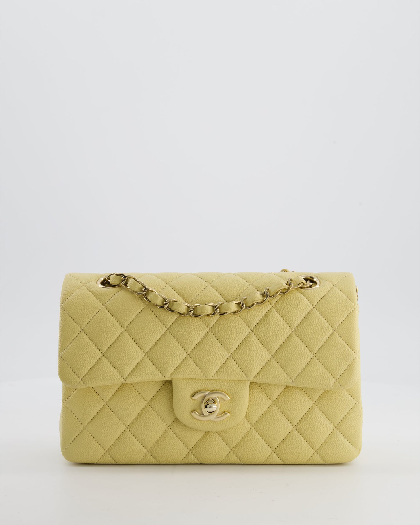 Chanel *RARE COLOUR* Small Classic Double Flap Bag in Butter Yellow Caviar Leather with Champagne Gold Hardware