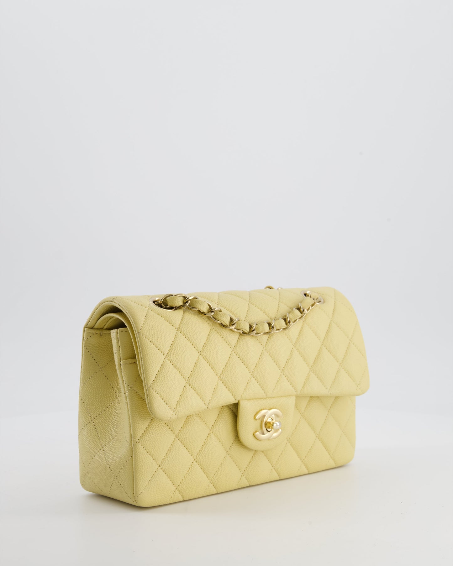 Chanel *RARE COLOUR* Small Classic Double Flap Bag in Butter Yellow Caviar Leather with Champagne Gold Hardware